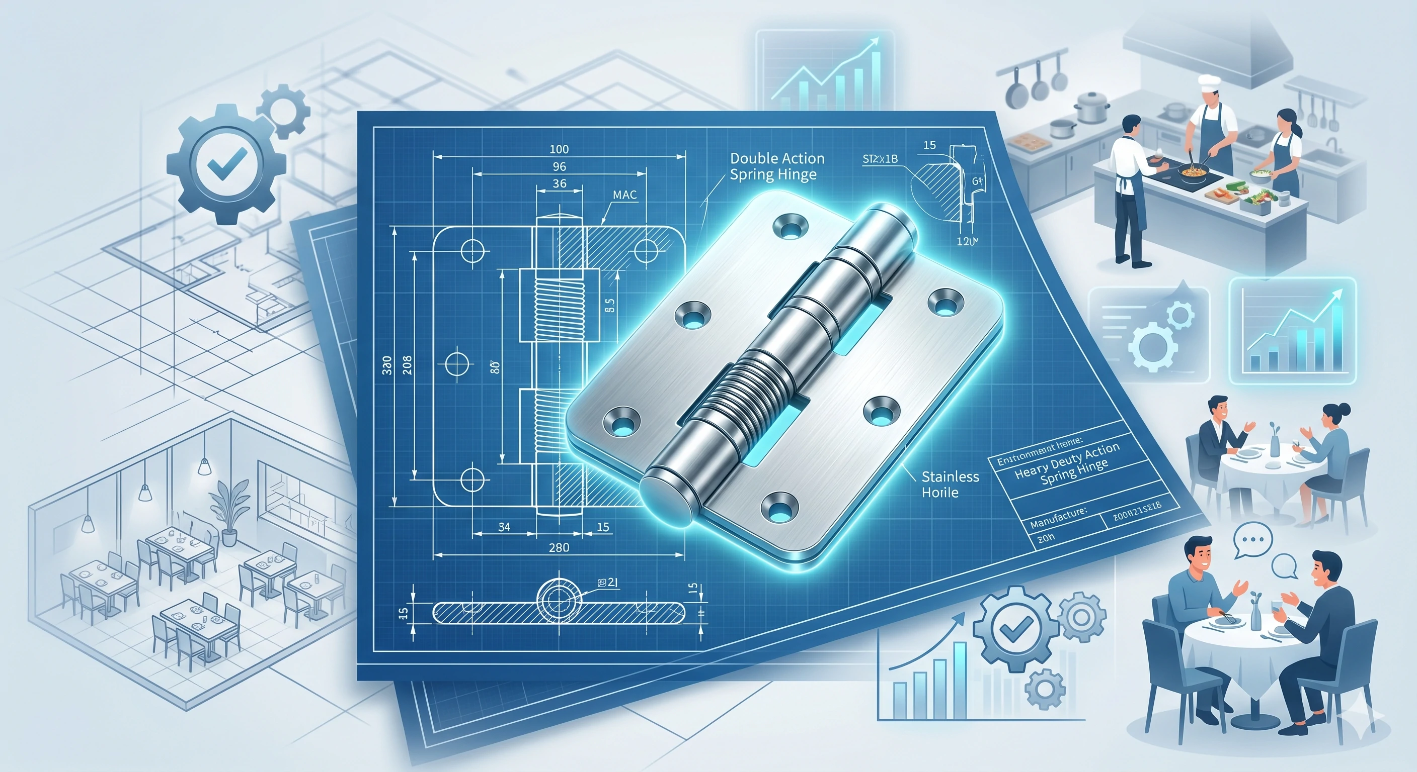 Blueprint infographic of a stainless steel spring hinge for restaurants
