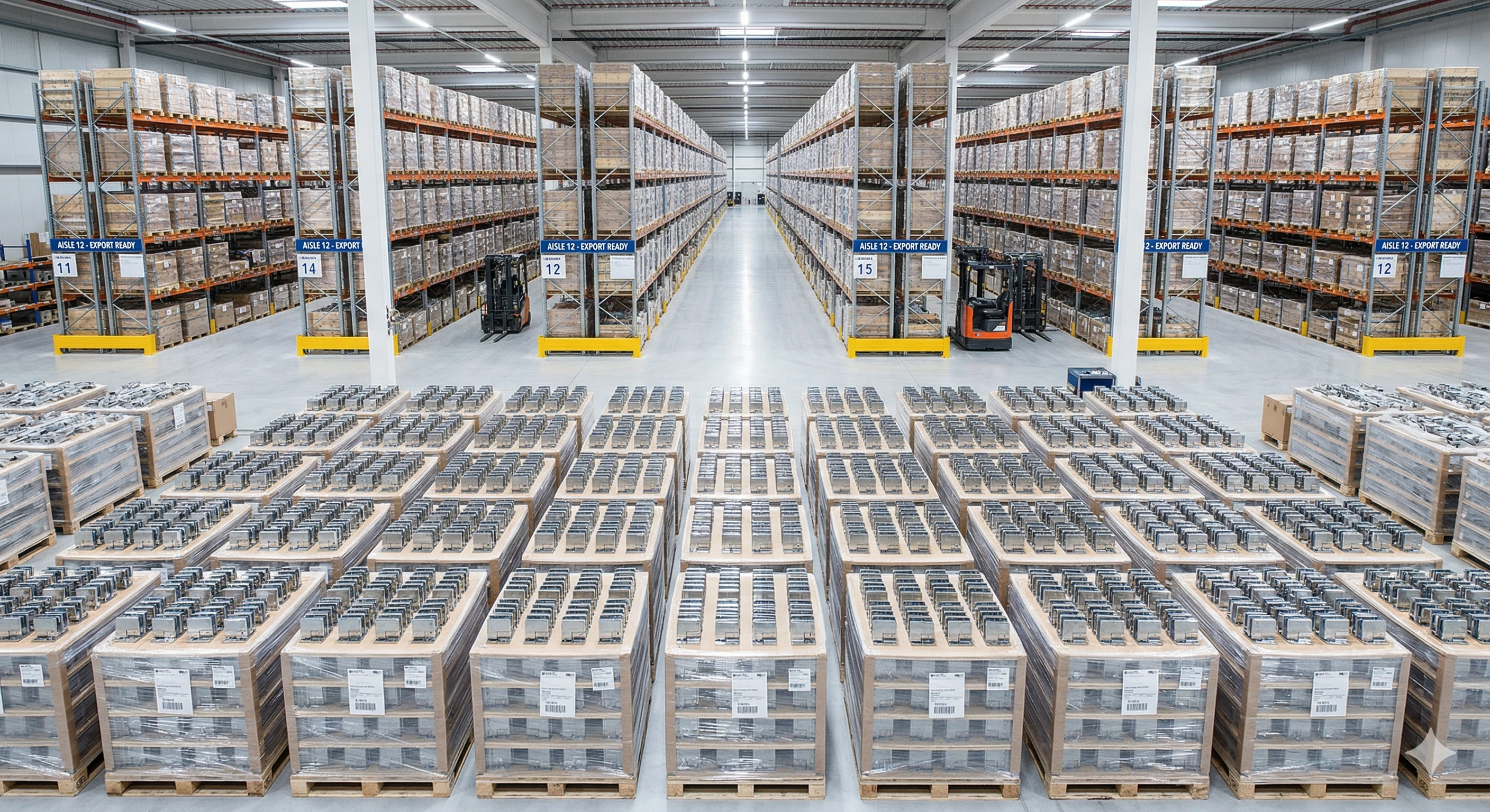 Pallets of packaged metal brackets in warehouse for export