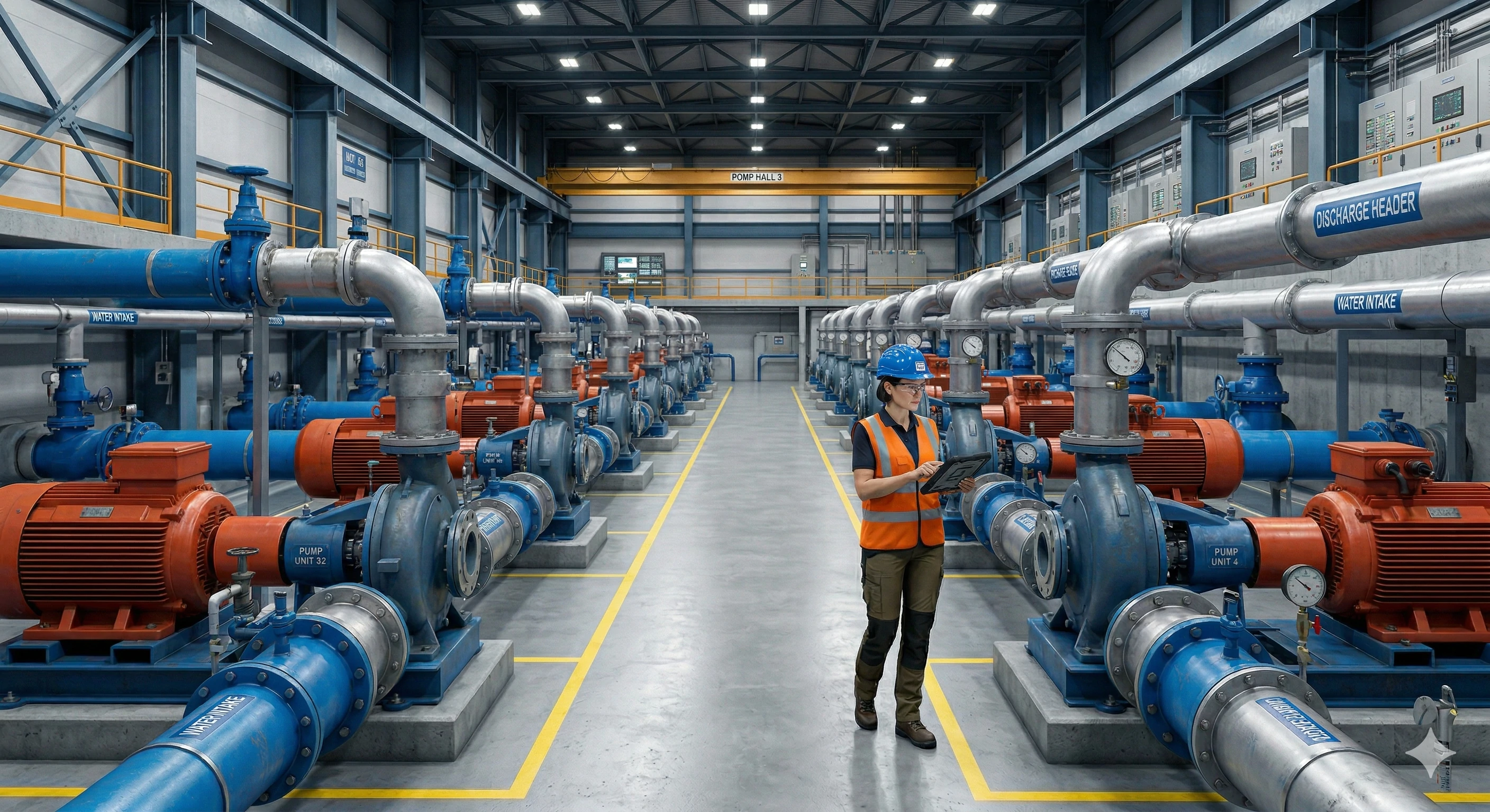 Female engineer inspecting industrial water pumps in a large facility