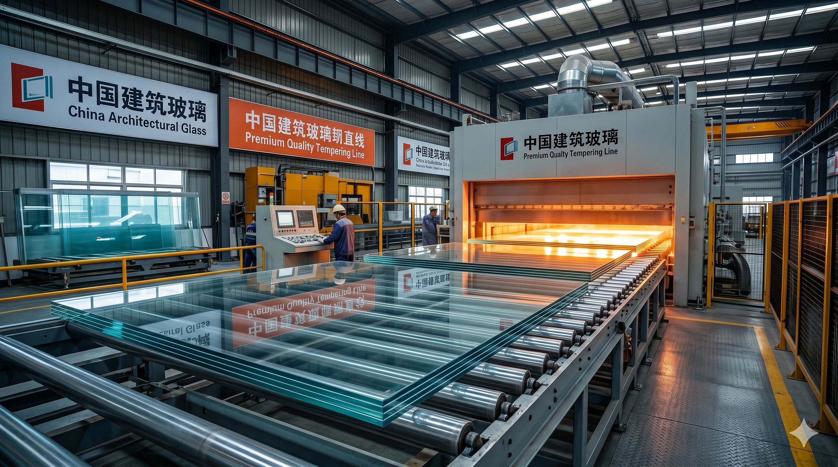 Large industrial glass tempering furnace processing architectural glass sheets in factory