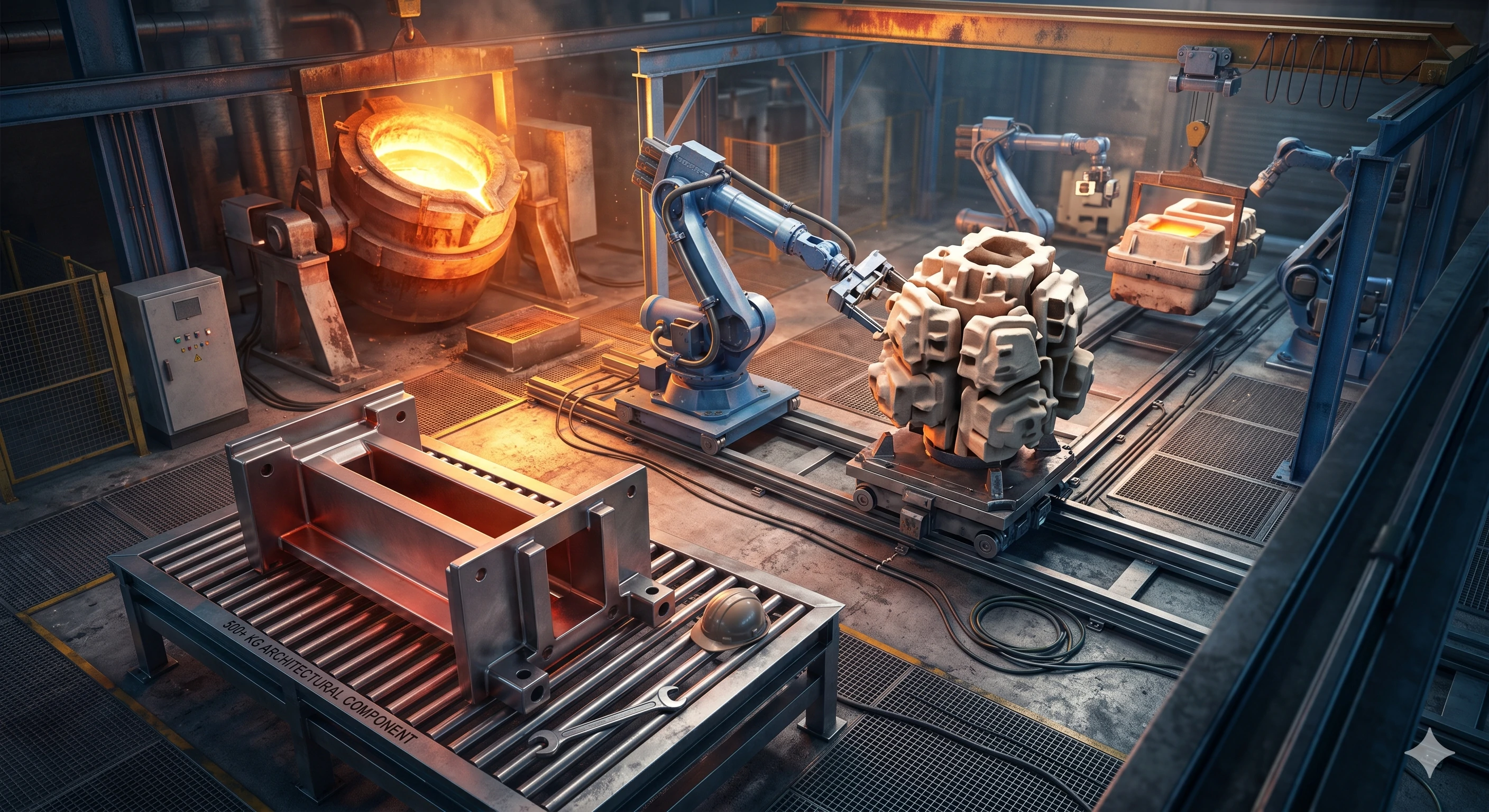 Automated foundry robots pouring molten metal into investment casting molds