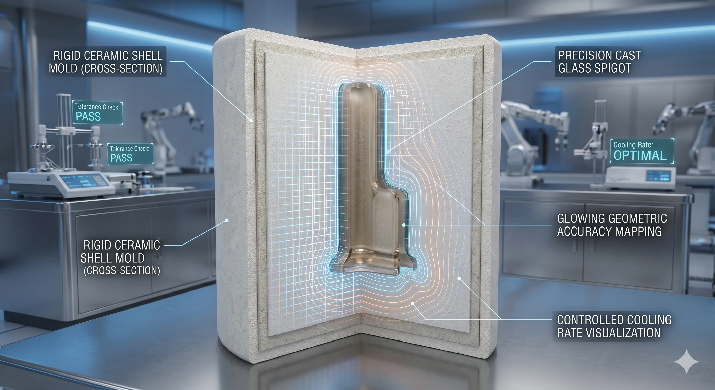 Cross-section of a rigid ceramic shell mold with cooling visualization.