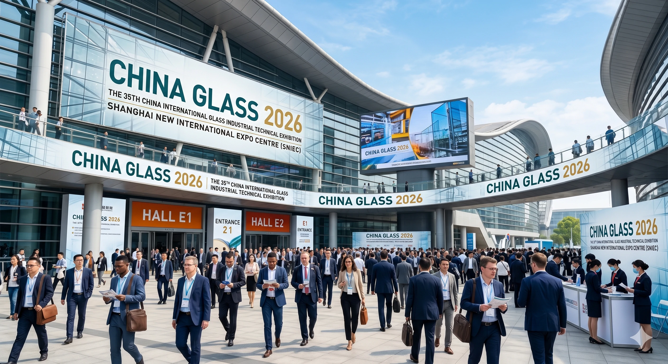 Crowds gathering outside the China Glass 2026 exhibition at Shanghai Expo Centre