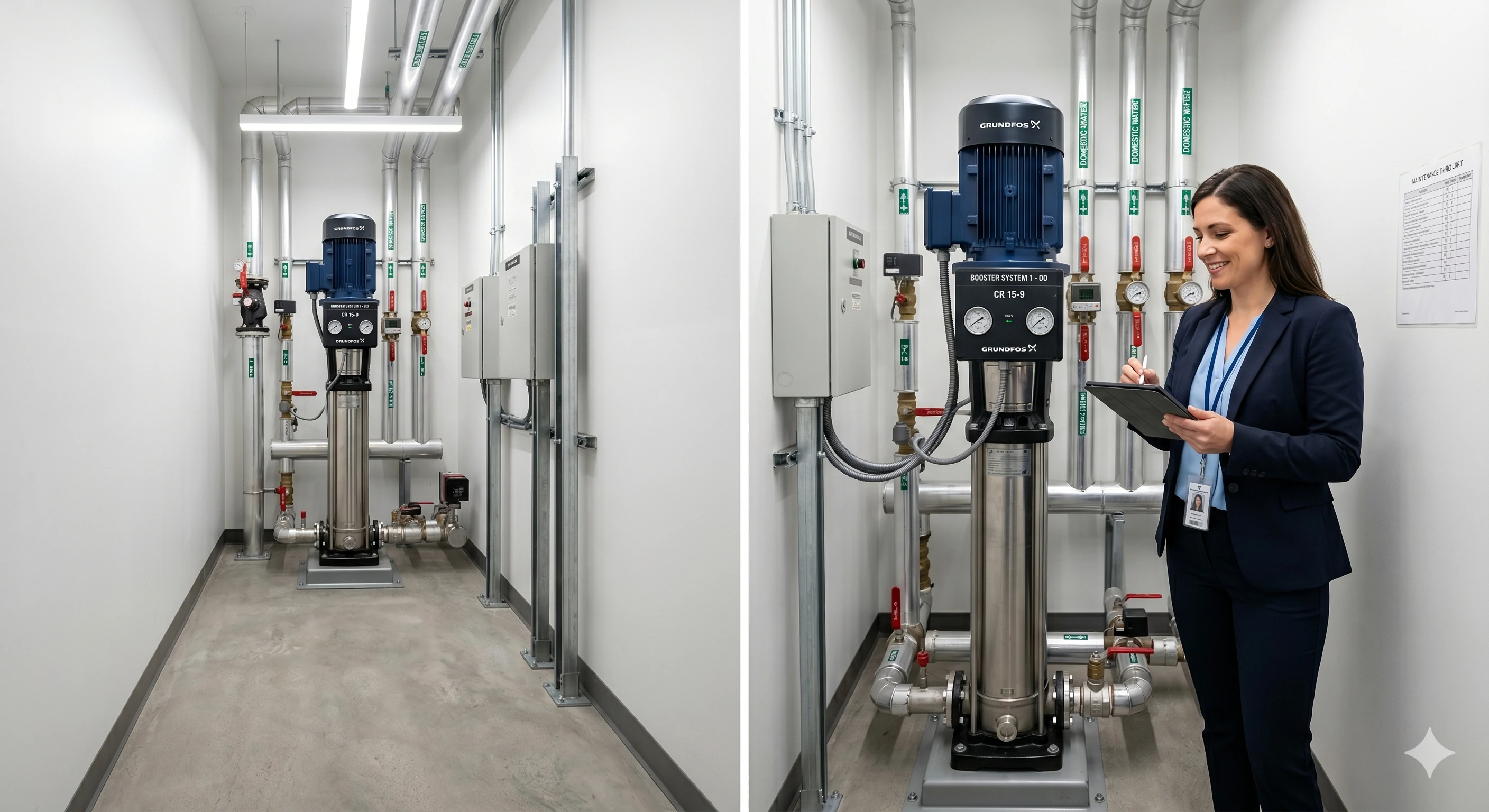 Woman inspecting commercial vertical multistage pump system with tablet