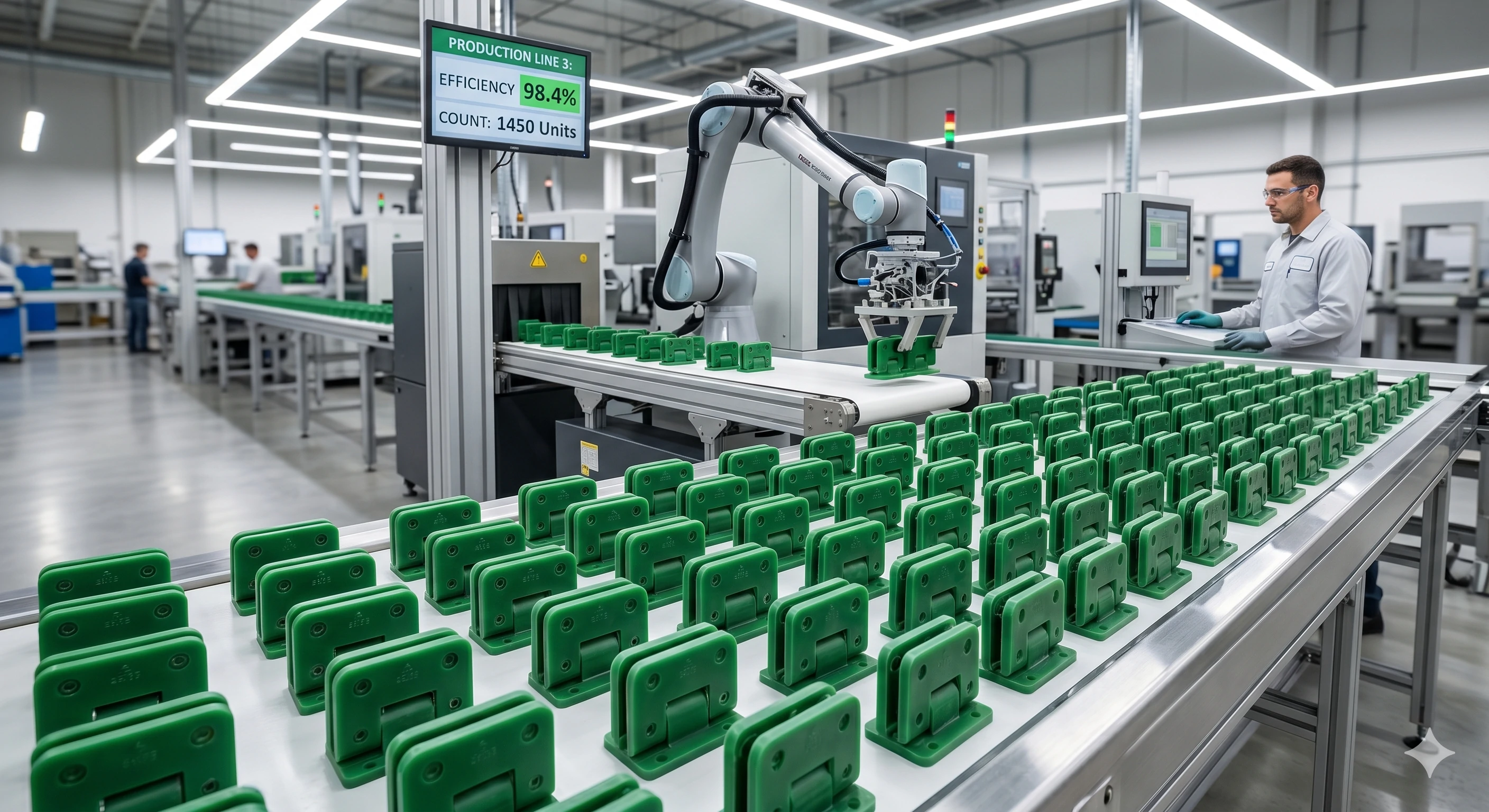 Robotic arm organizing green wax patterns on efficient automated production line