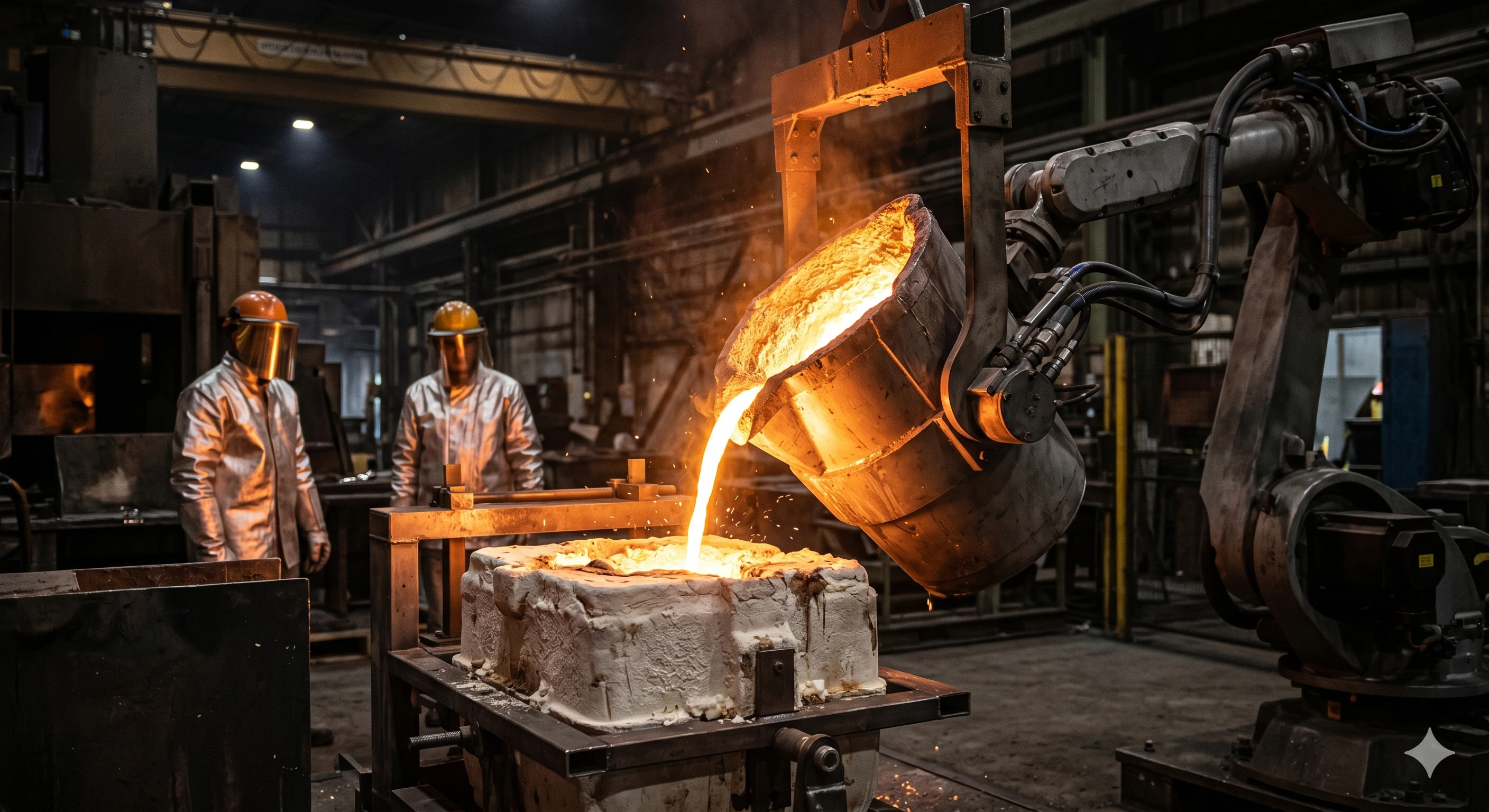 Molten metal pouring into a mold in an industrial foundry.