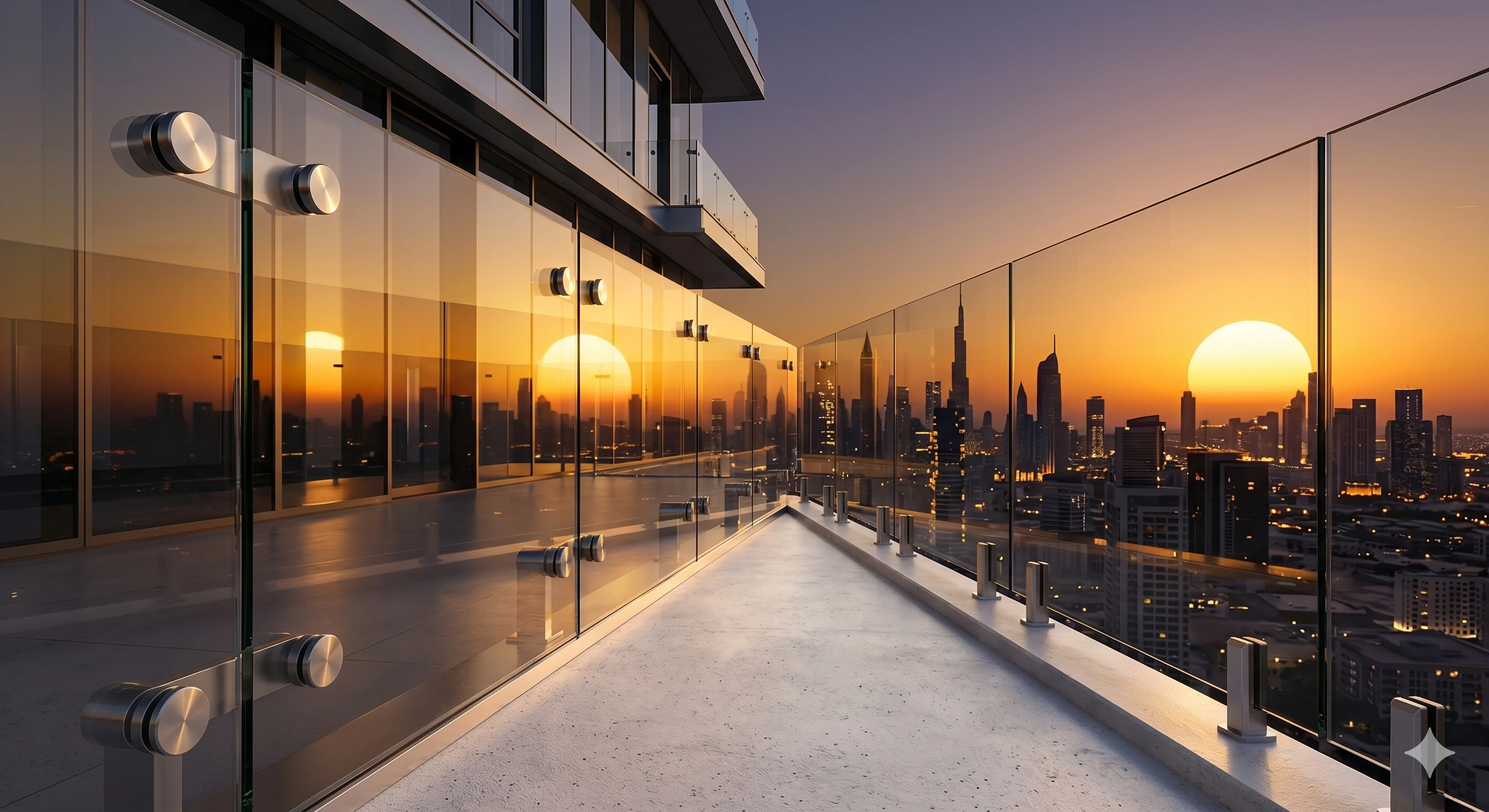 Frameless glass balcony railing with Aleader stainless steel standoffs