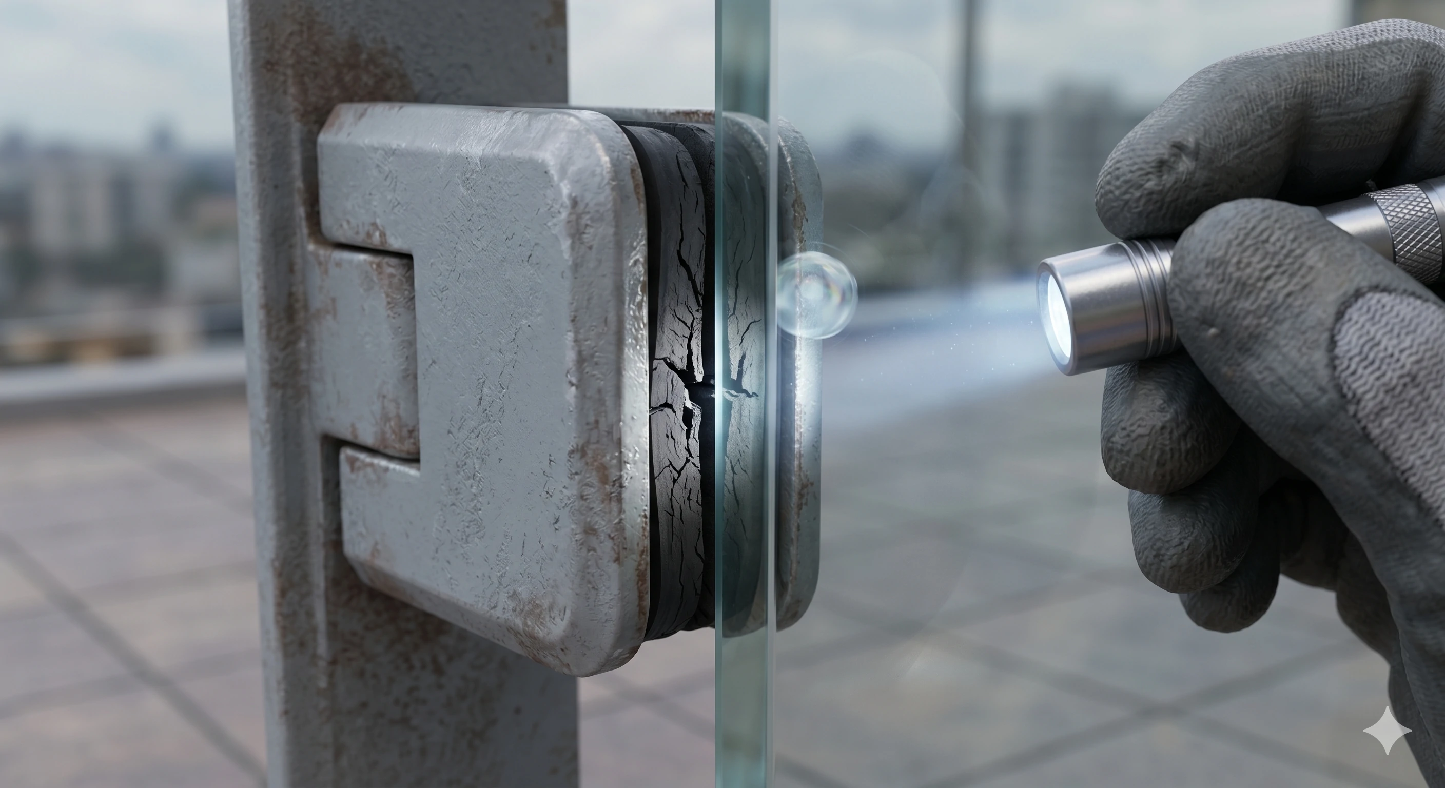 Inspecting a cracked rubber gasket on a glass balustrade clamp