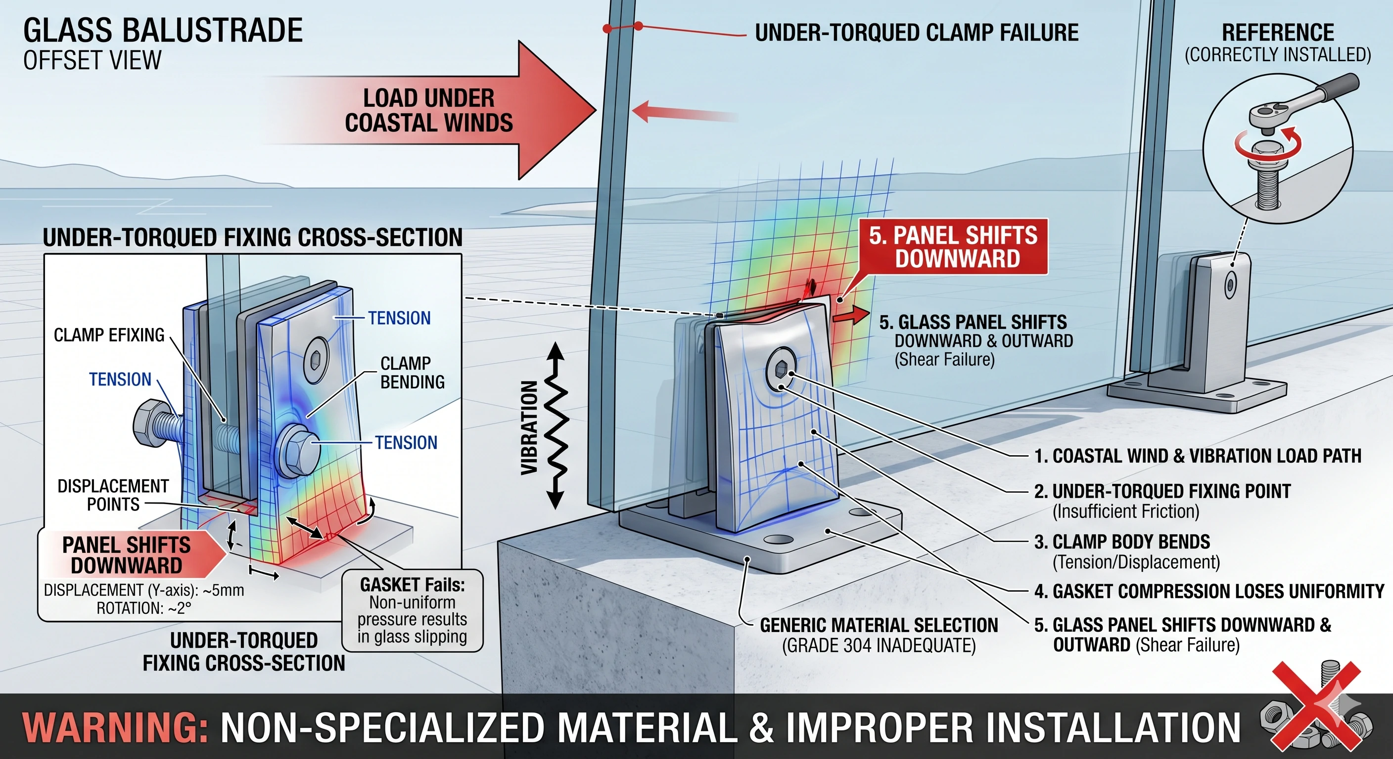 Diagram explaining under-torqued clamp failure on a glass balustrade