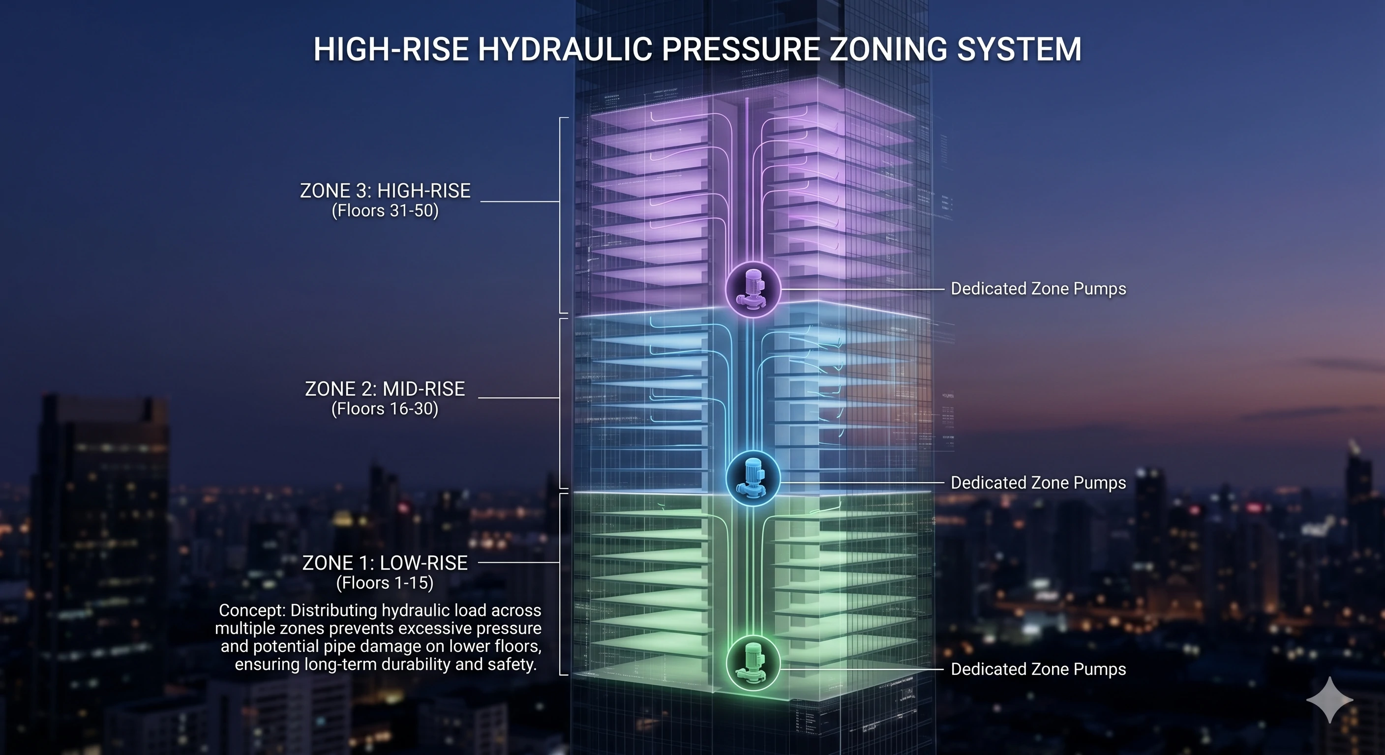 High-rise hydraulic pressure zoning system diagram with dedicated pumps