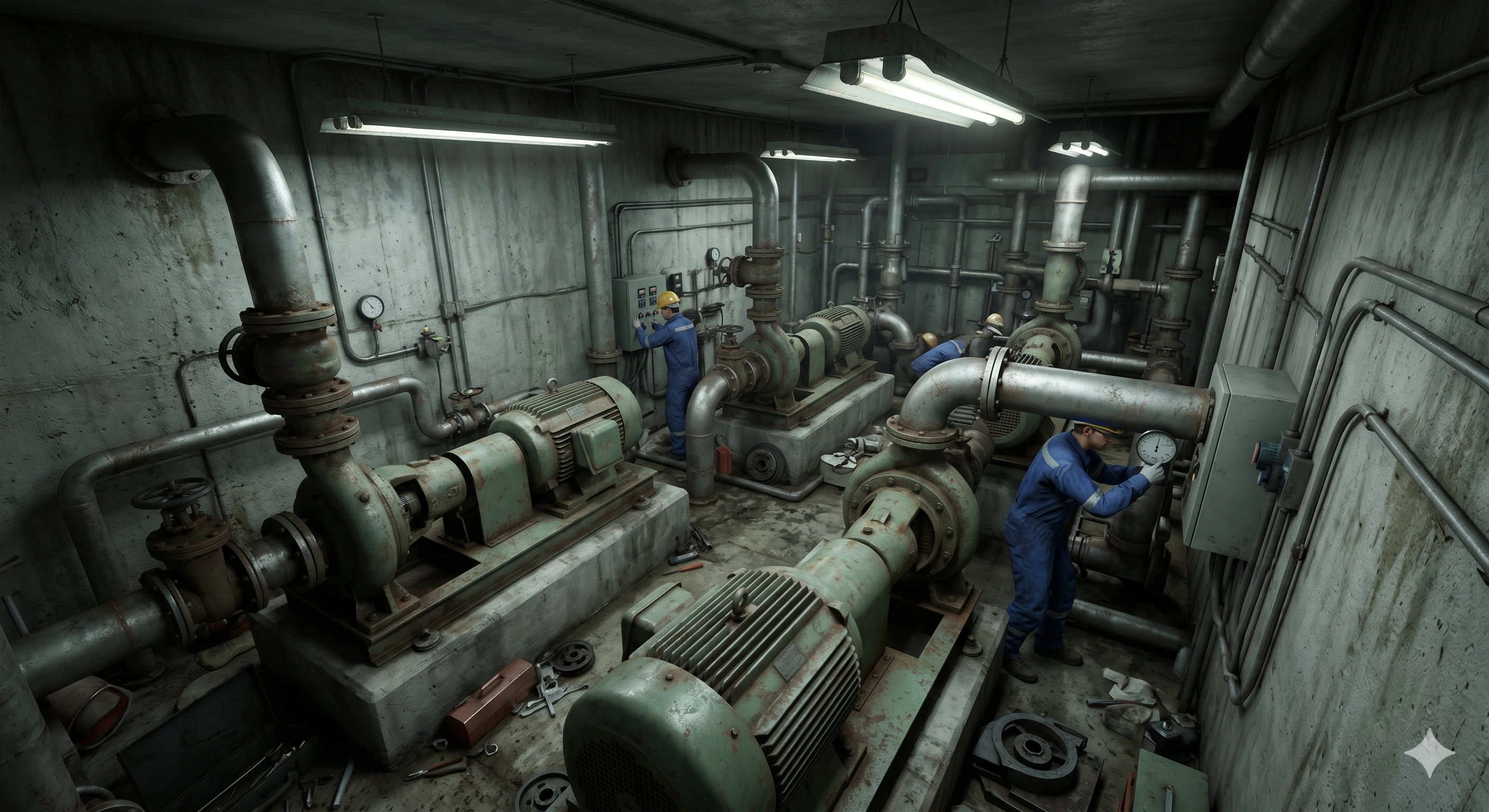 Maintenance workers repairing old horizontal water pumps in mechanical room