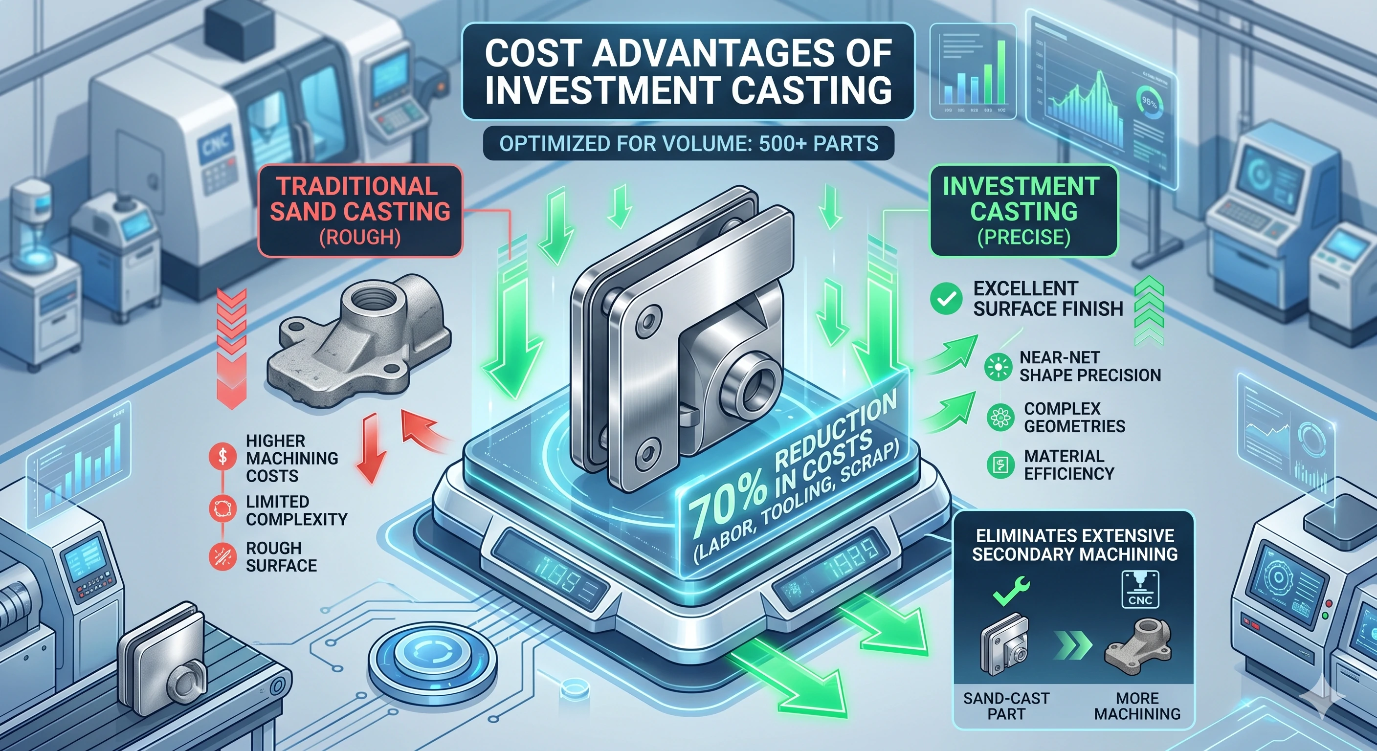 Diagram comparing investment casting and sand casting cost advantages.