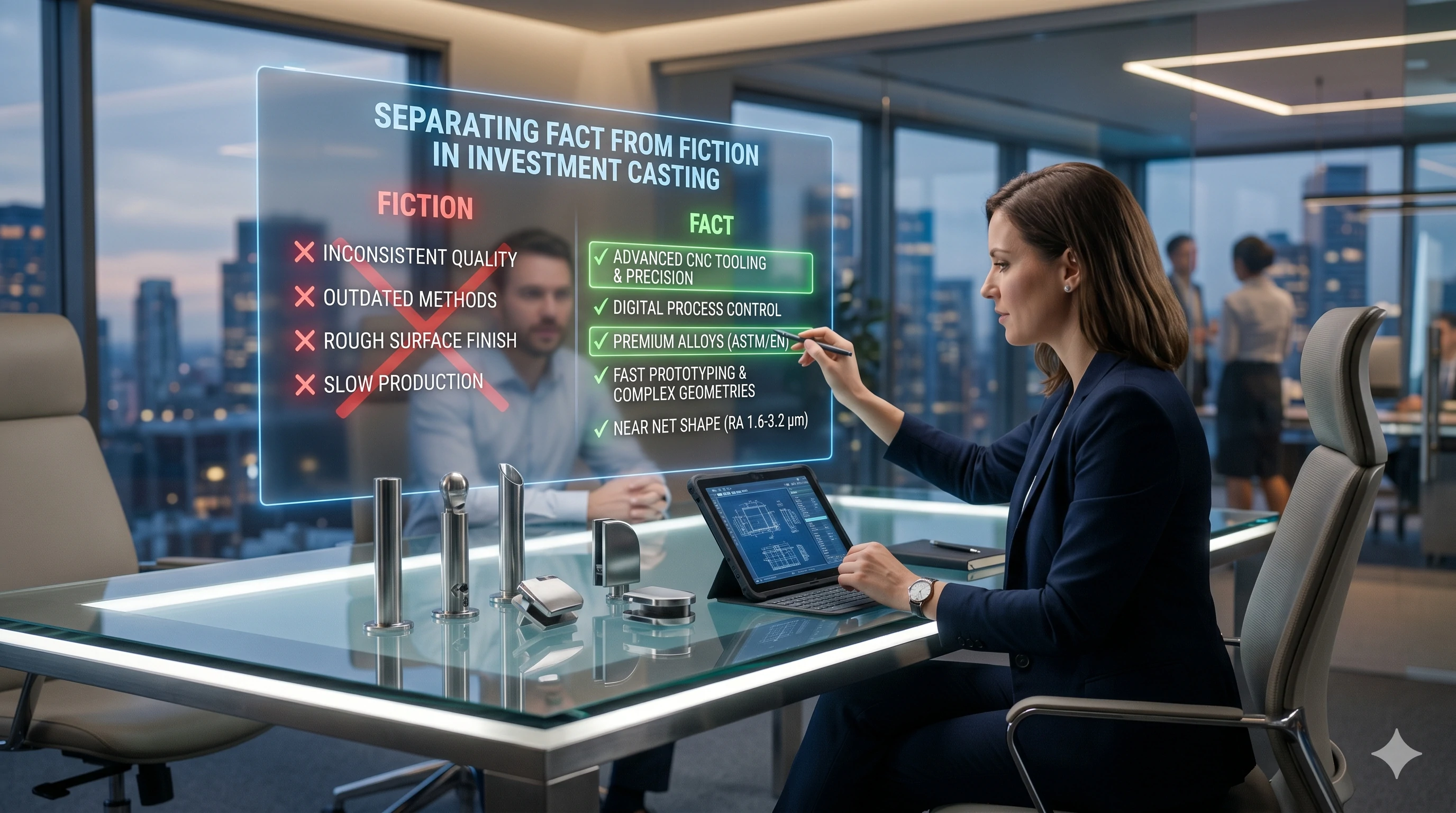 Professional woman presenting investment casting facts and benefits on holographic screen