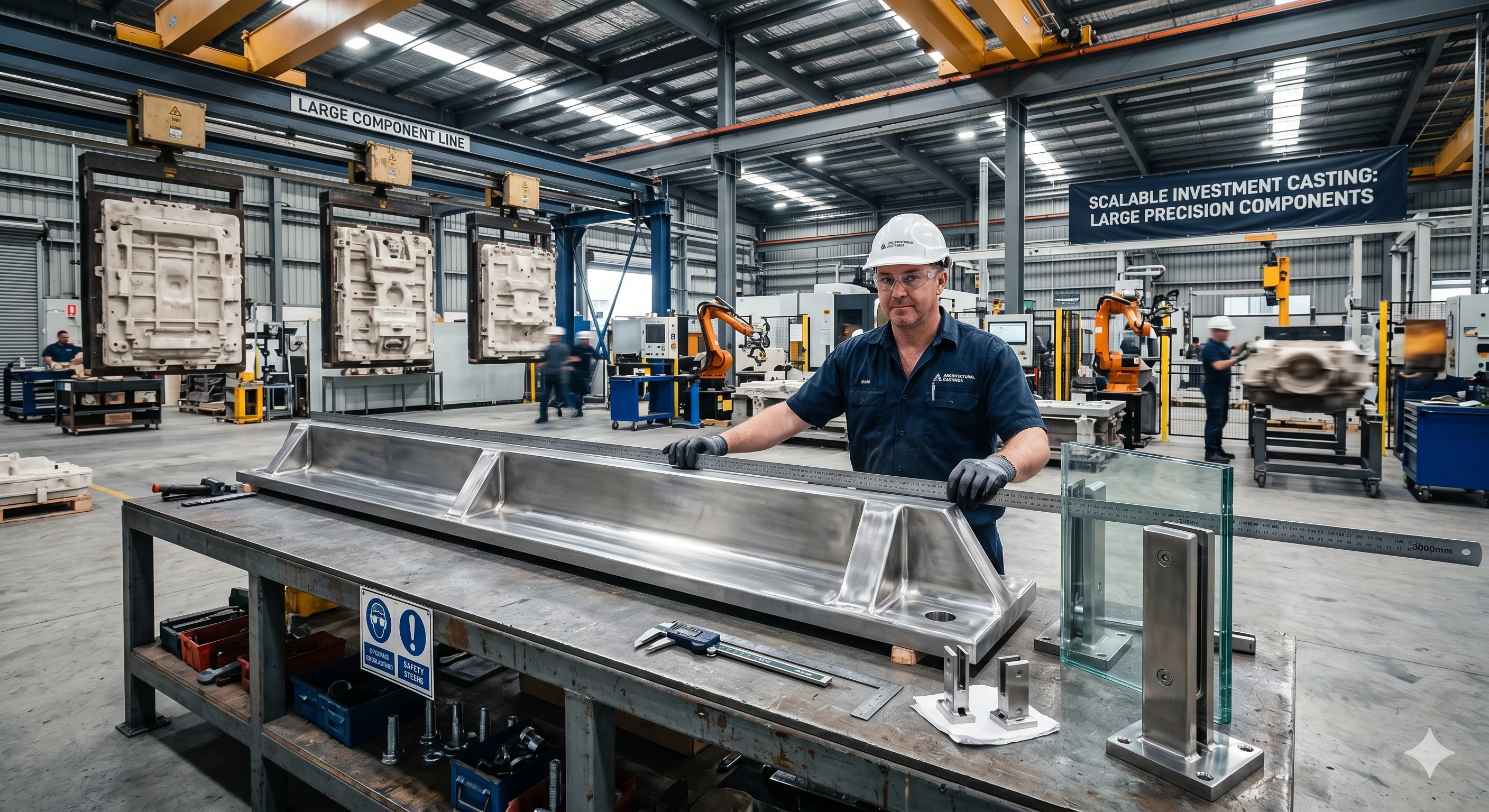 Factory worker measuring large precision investment casting component with metal ruler