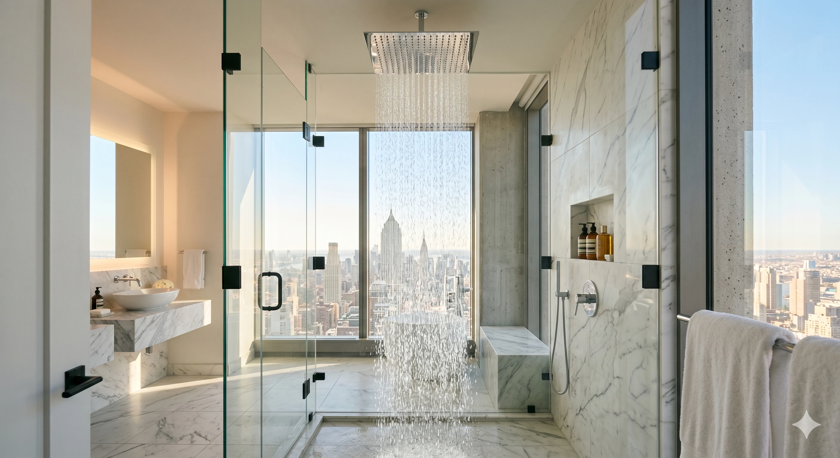 Luxury rainfall shower running in modern bathroom with skyline view
