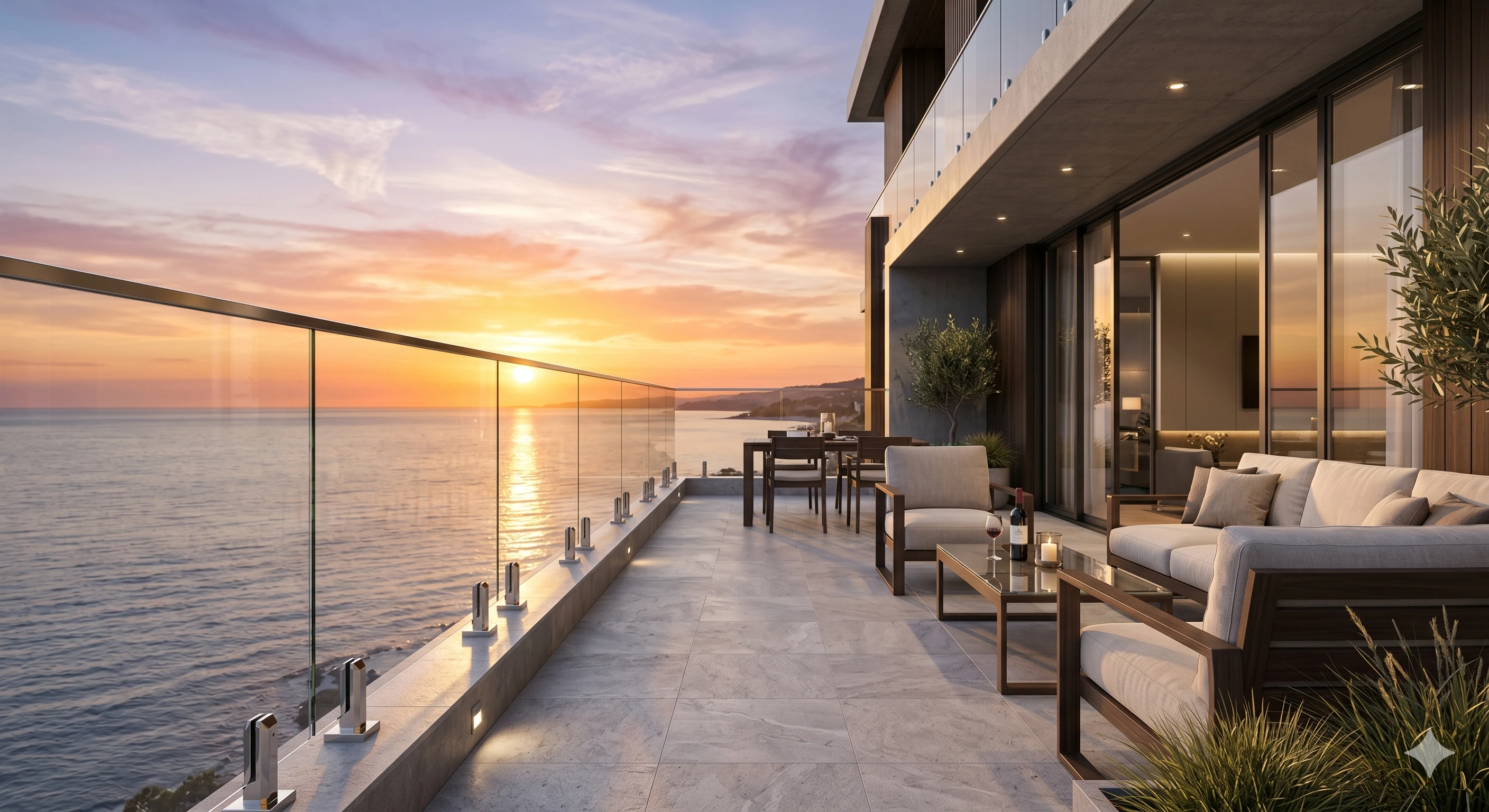 Luxury balcony with glass balustrade overlooking ocean sunset