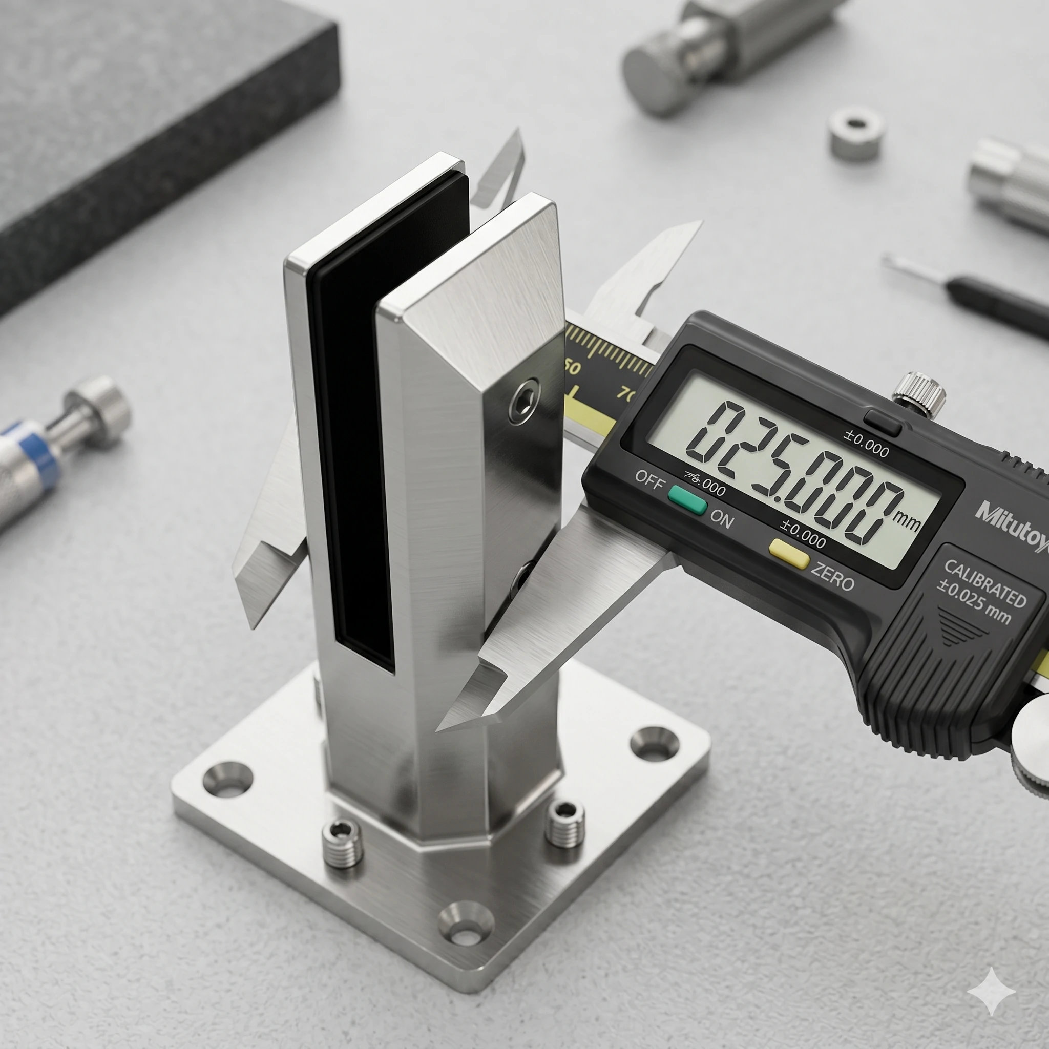 Digital caliper measuring a precision cast stainless steel glass spigot.