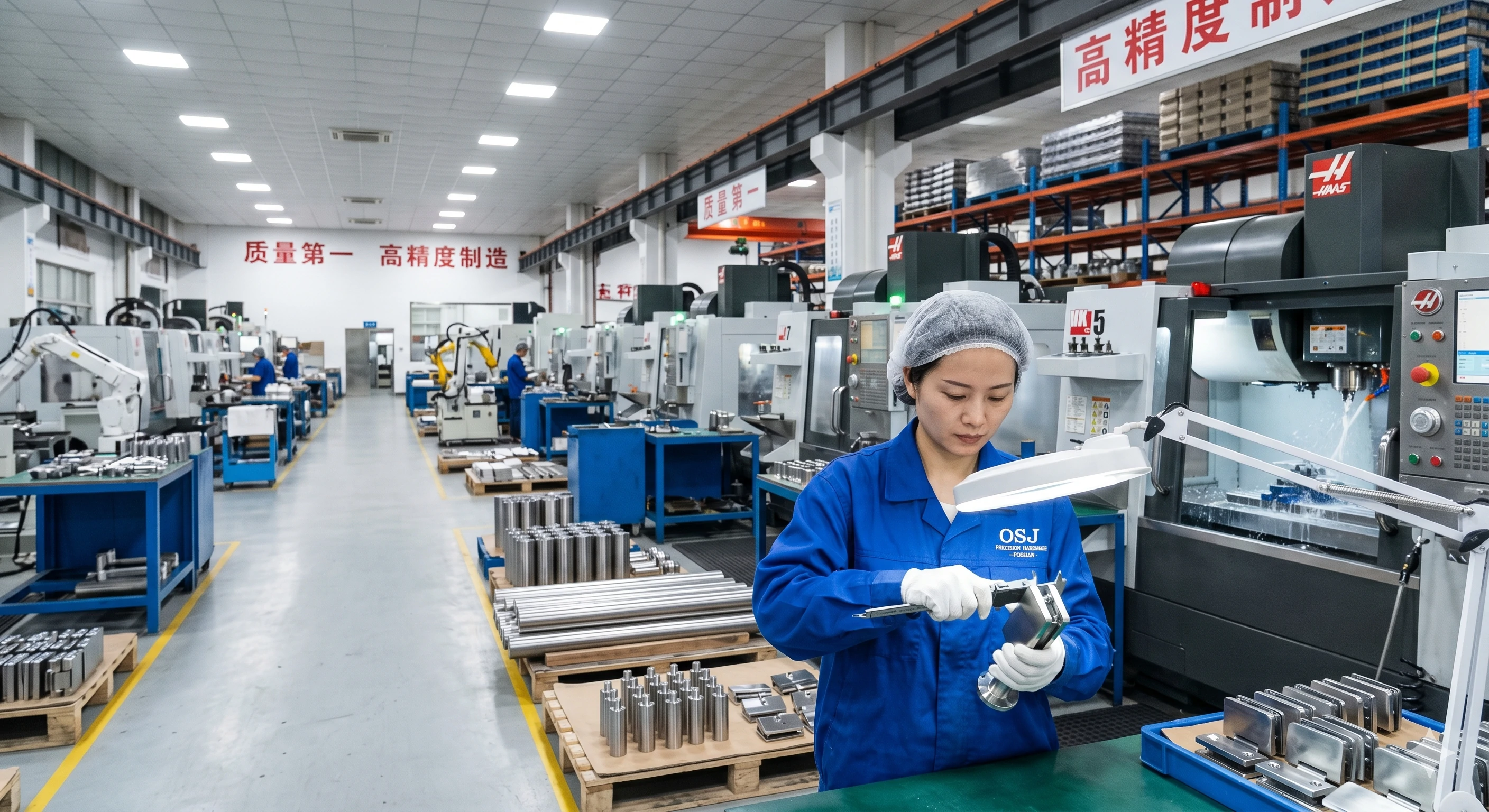 Female factory worker inspecting stainless steel hardware with calipers in manufacturing plant
