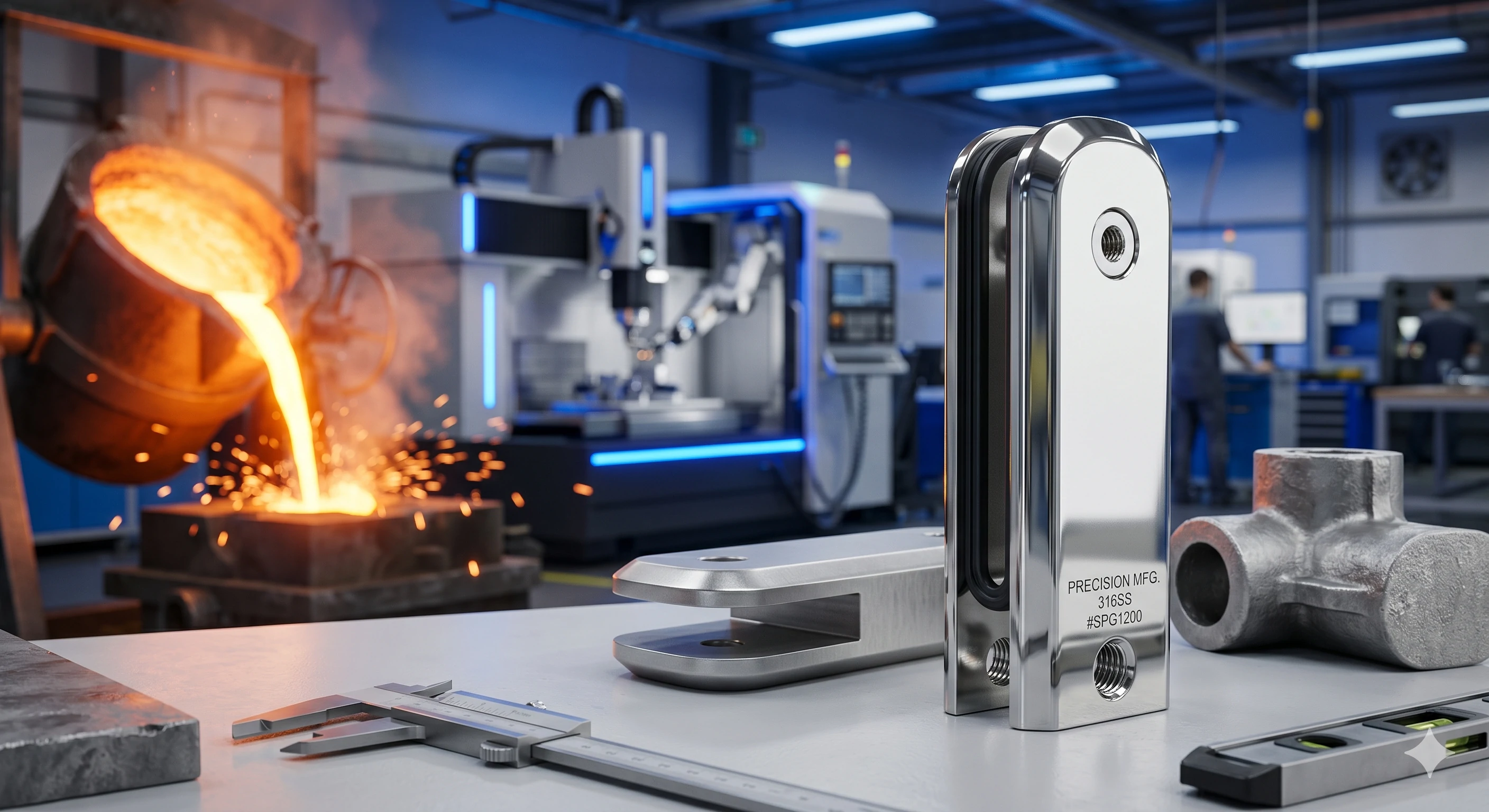 Polished stainless steel precision component in a modern manufacturing