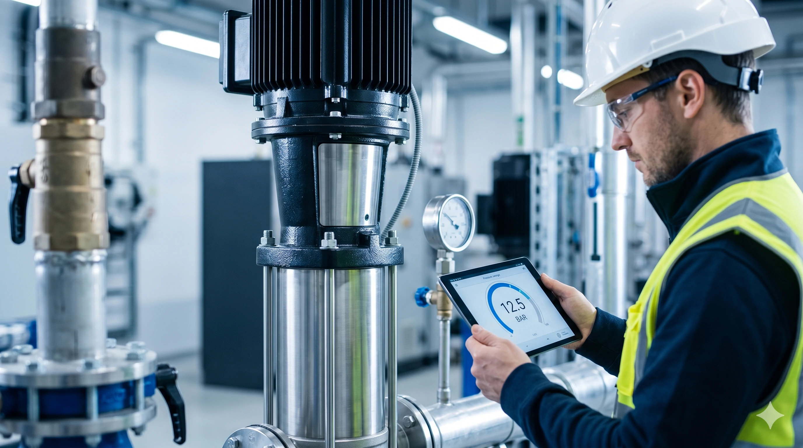 Engineer inspecting vertical water pump pressure using a smart tablet