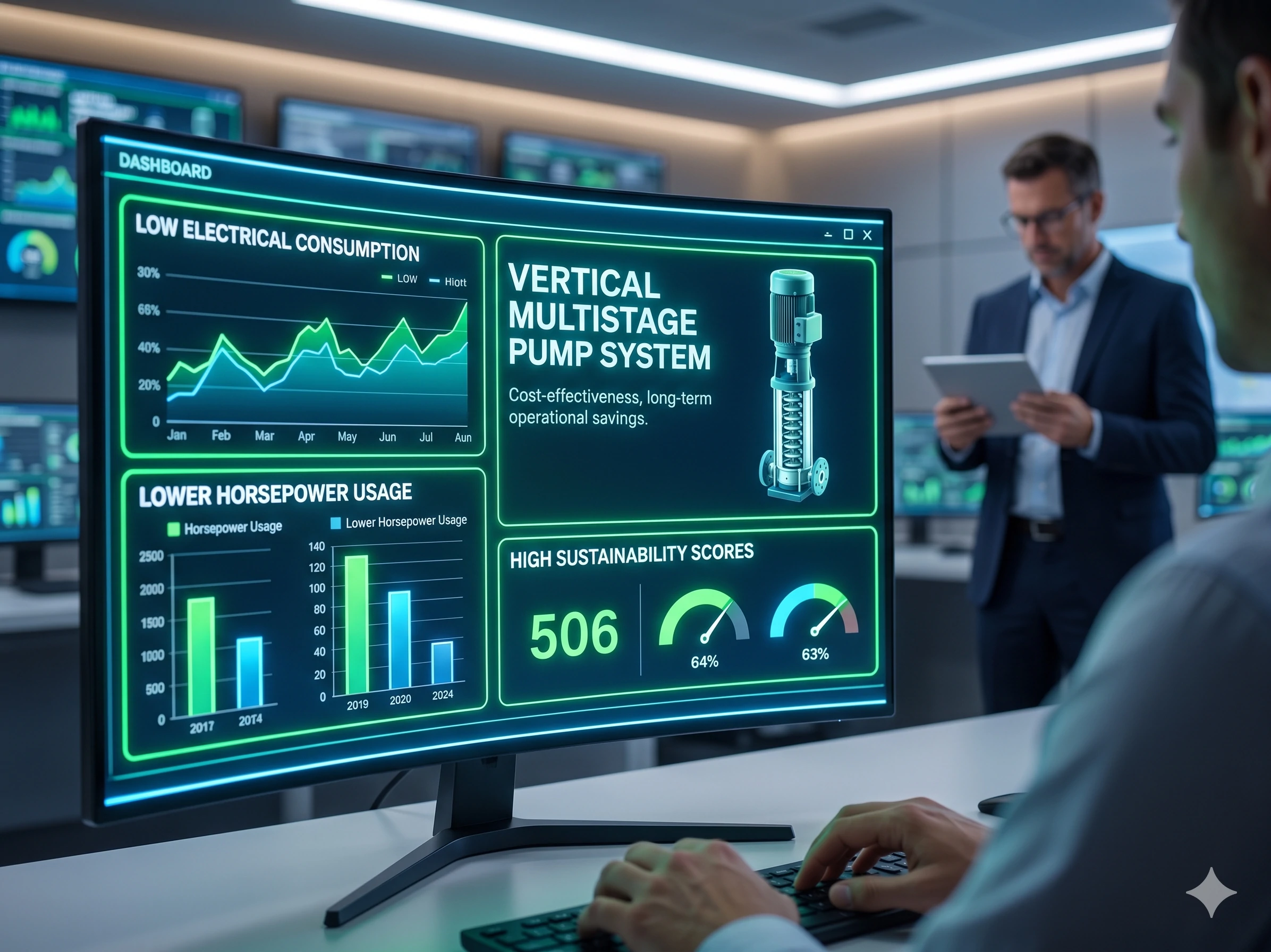 Engineers monitoring vertical multistage pump system efficiency and sustainability dashboard