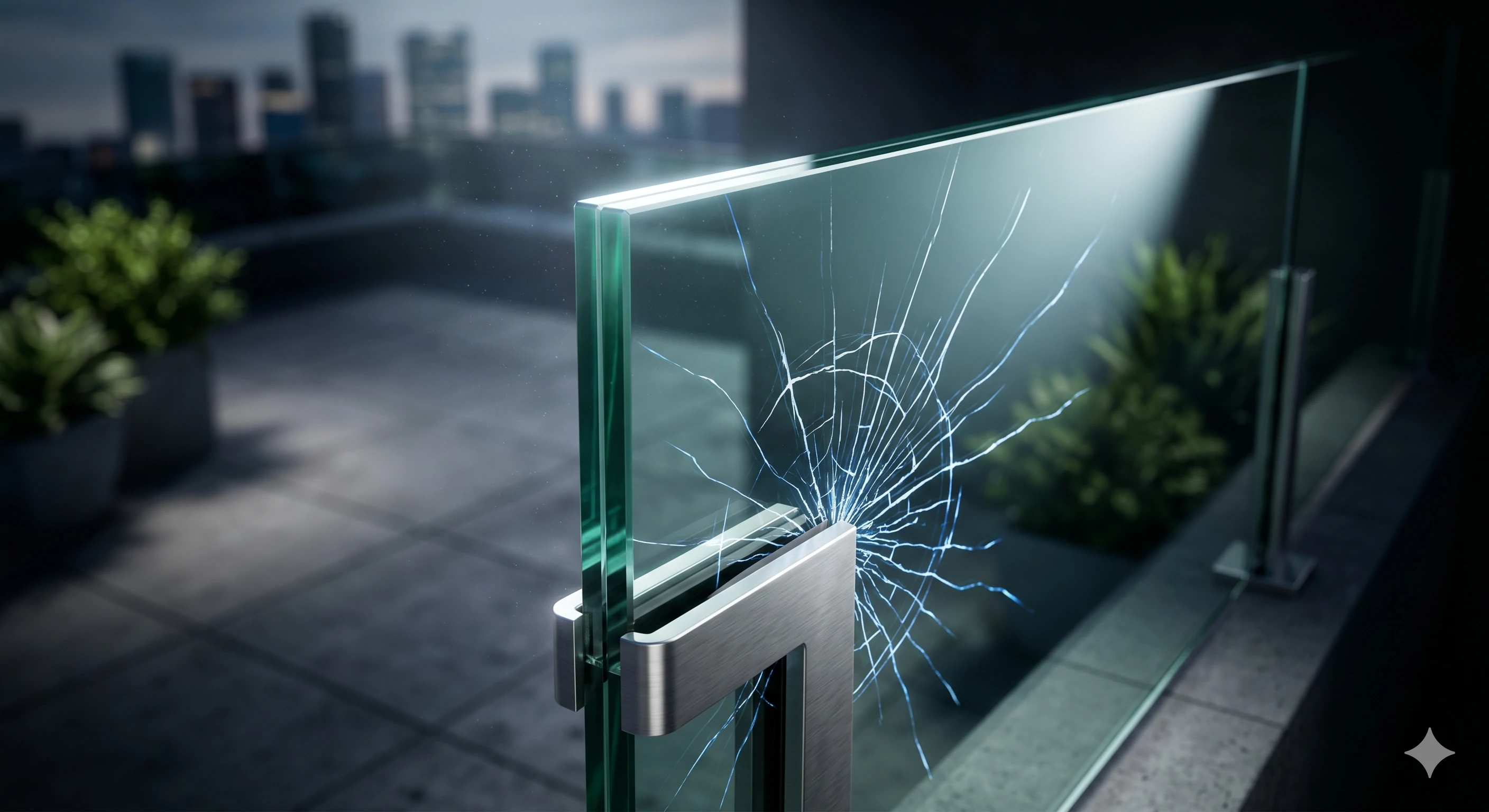 Shattered glass balustrade panel near the metal fixing clamp