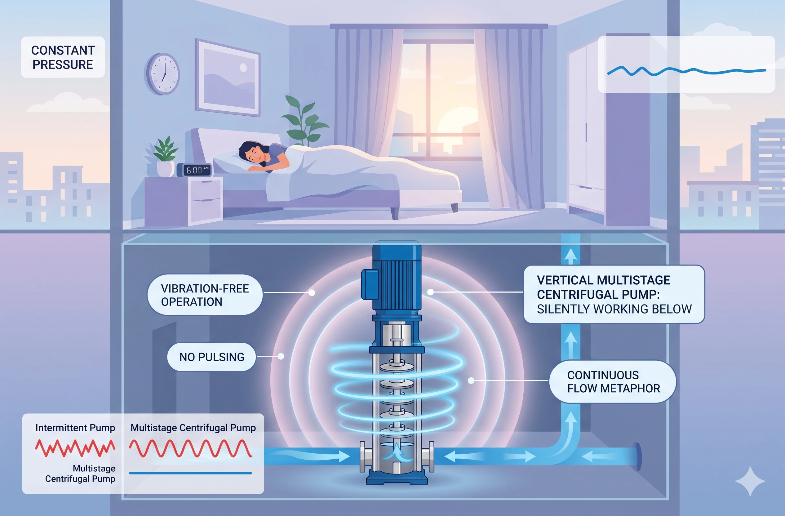 Infographic of silent vertical multistage centrifugal pump maintaining constant pressure