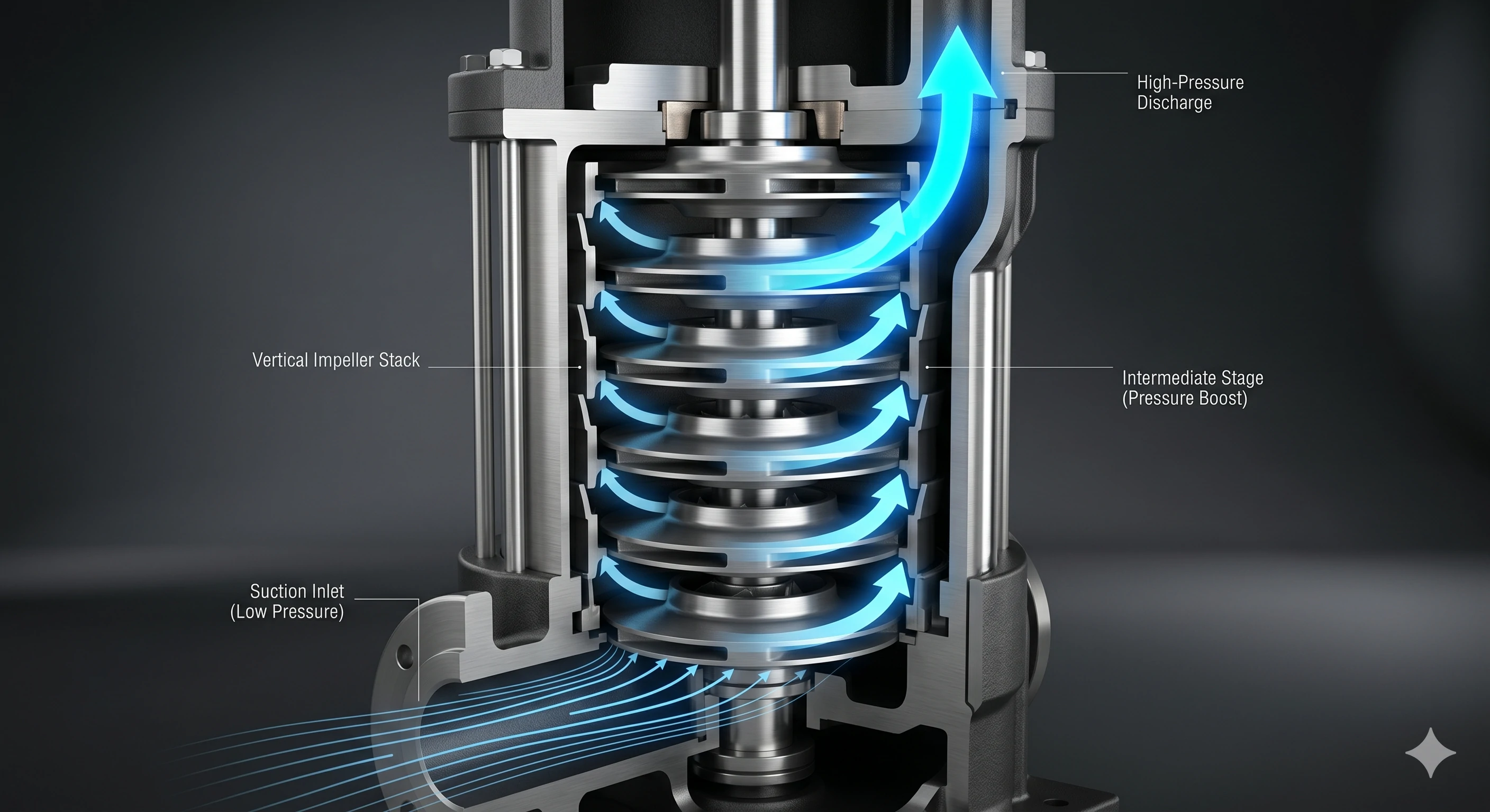 Cutaway diagram of vertical multi-stage pump showing water flow