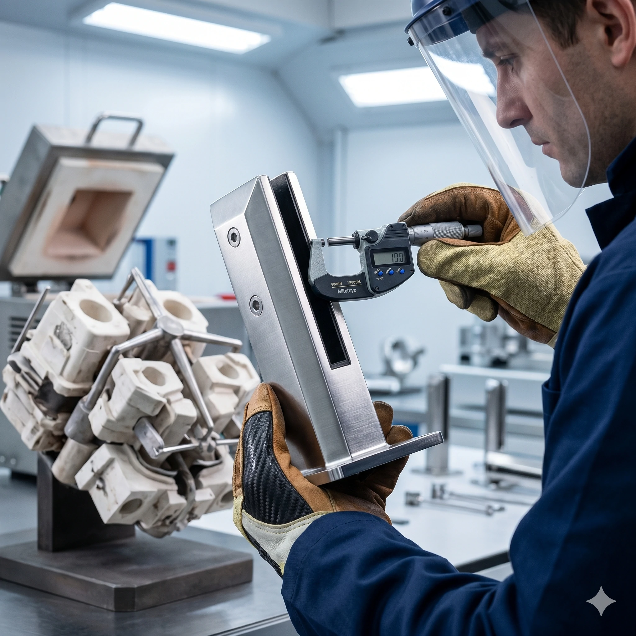 Worker measuring investment casting part with digital caliper for quality control