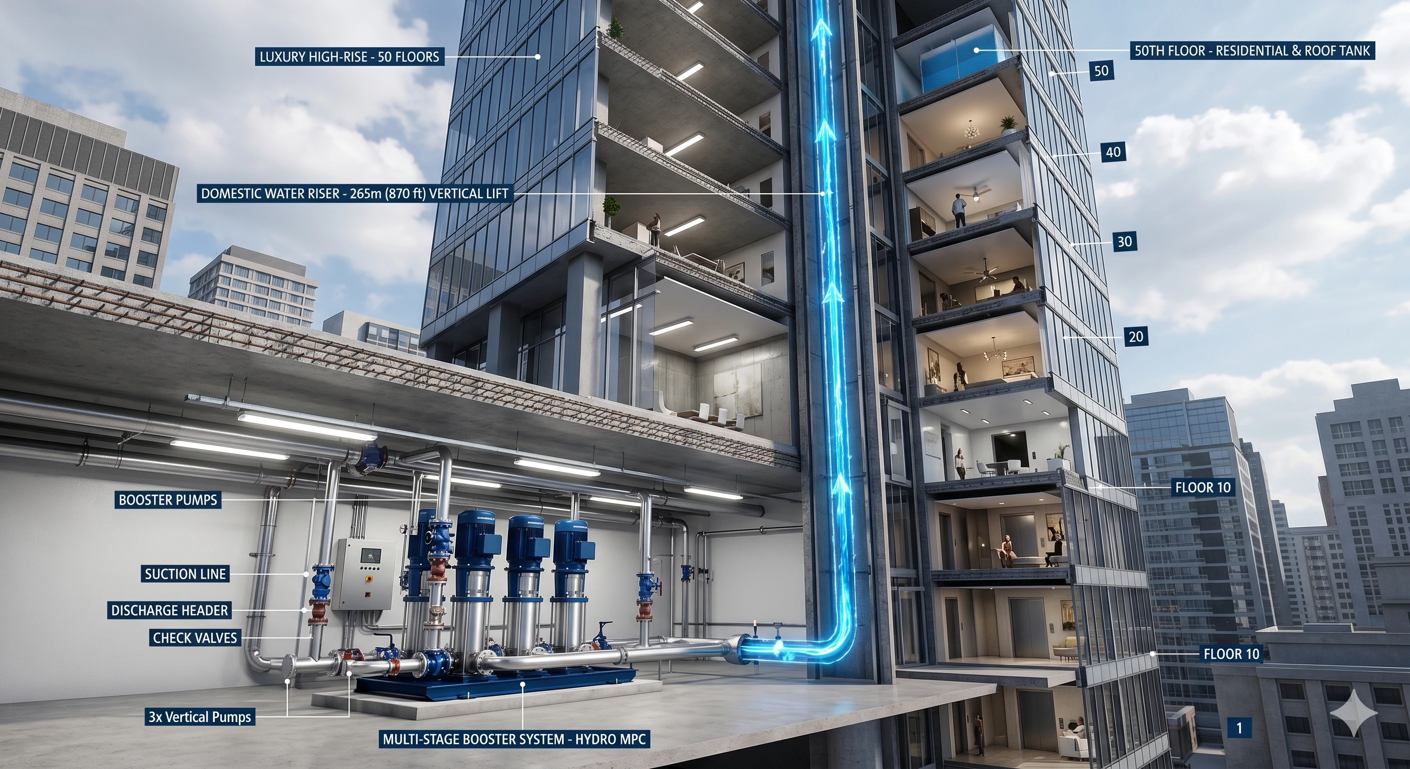 High-rise building multi-stage water booster pump system diagram