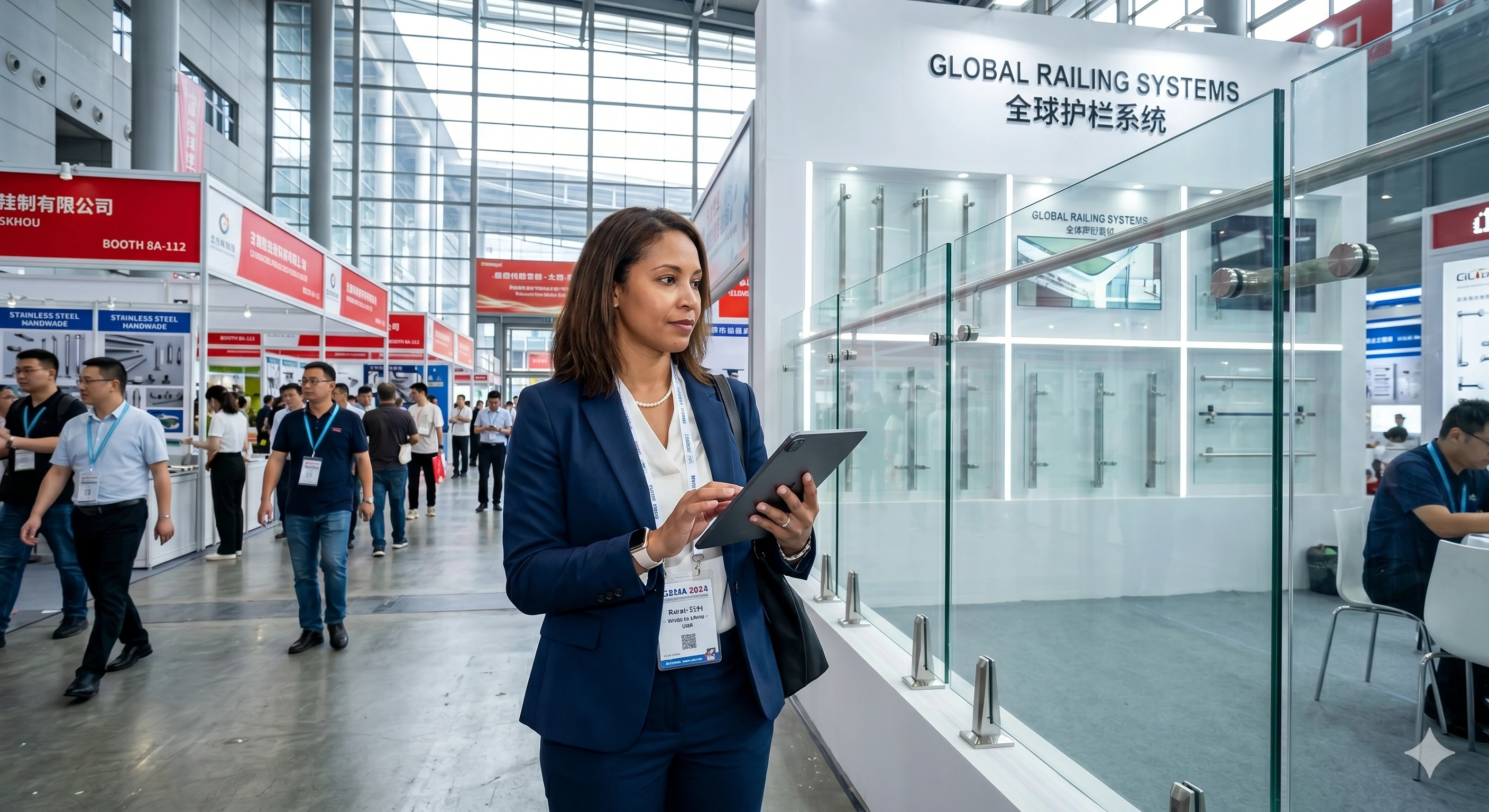 Professional woman reviewing glass railing systems at an international trade exhibition
