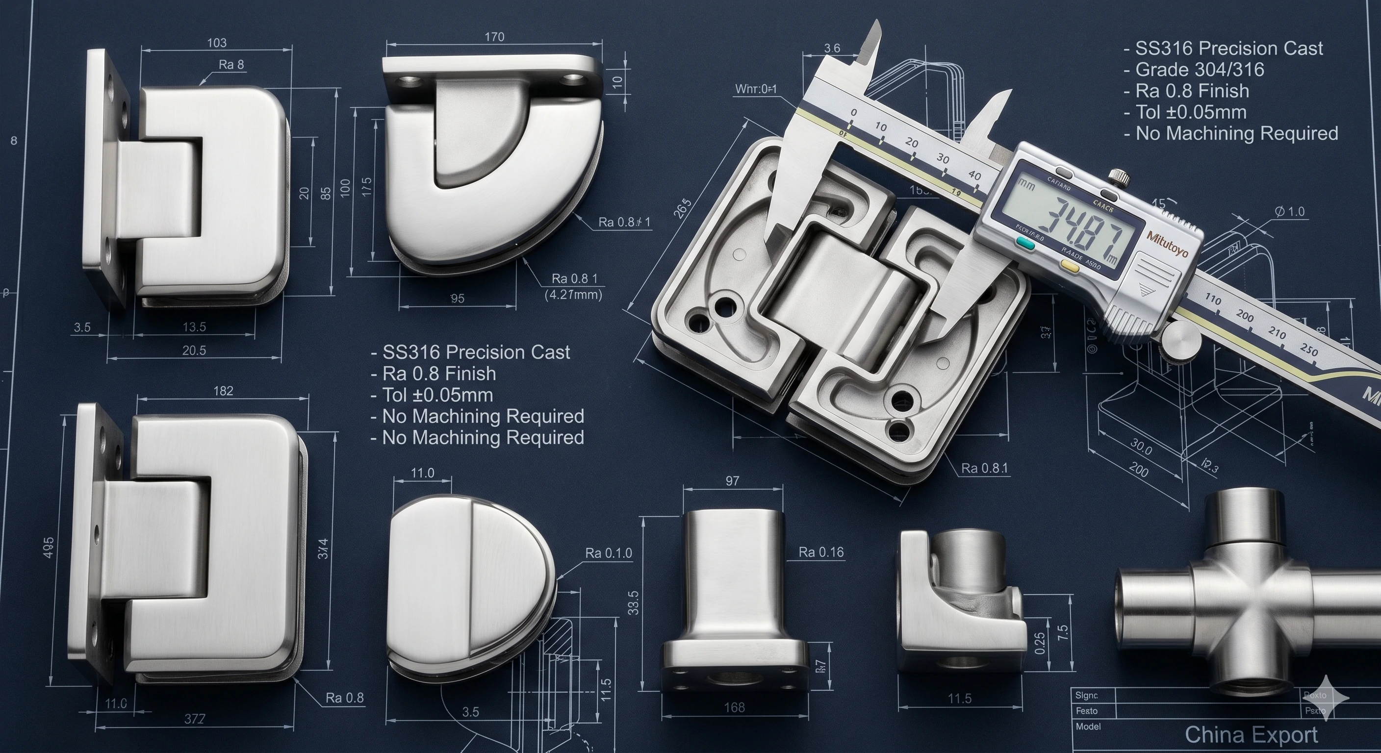 Stainless steel precision cast hinges on blueprint with digital caliper