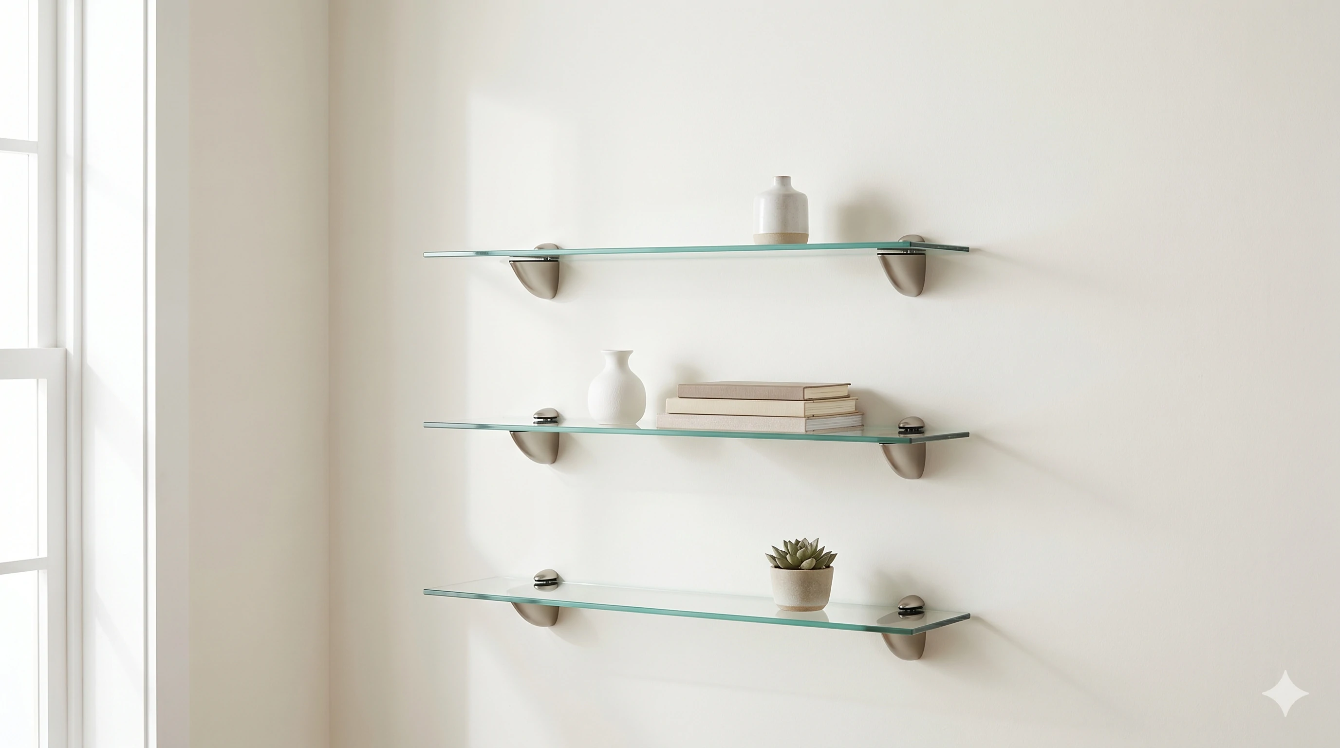 Wall-mounted floating glass shelves displaying minimal decor items