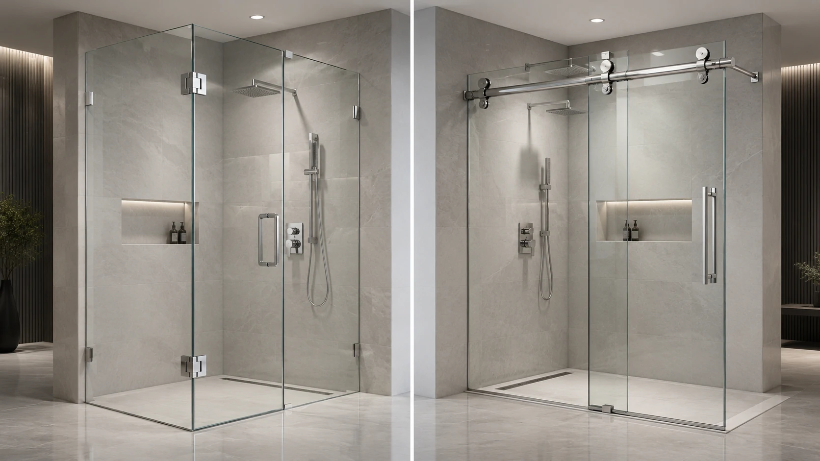 Comparison of a hinged frameless shower door and a sliding shower door
