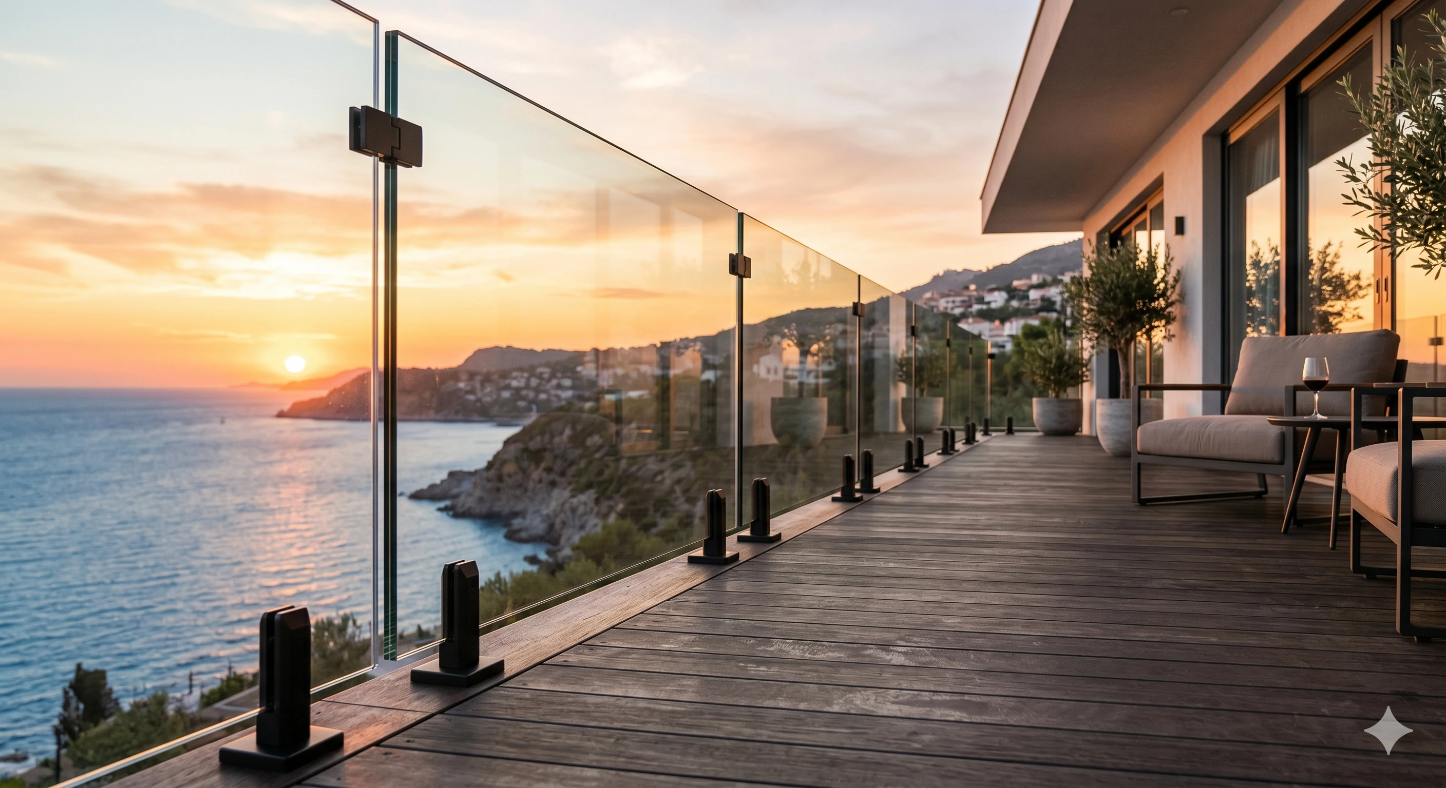 Frameless glass balcony railing with ocean sunset view