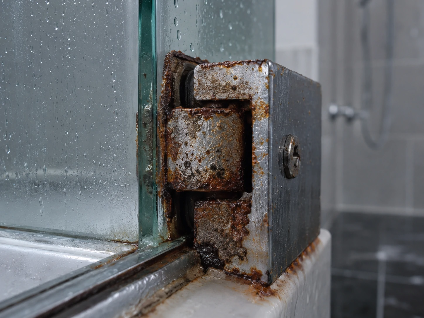 Heavily rusted metal hinge on a glass shower door enclosure