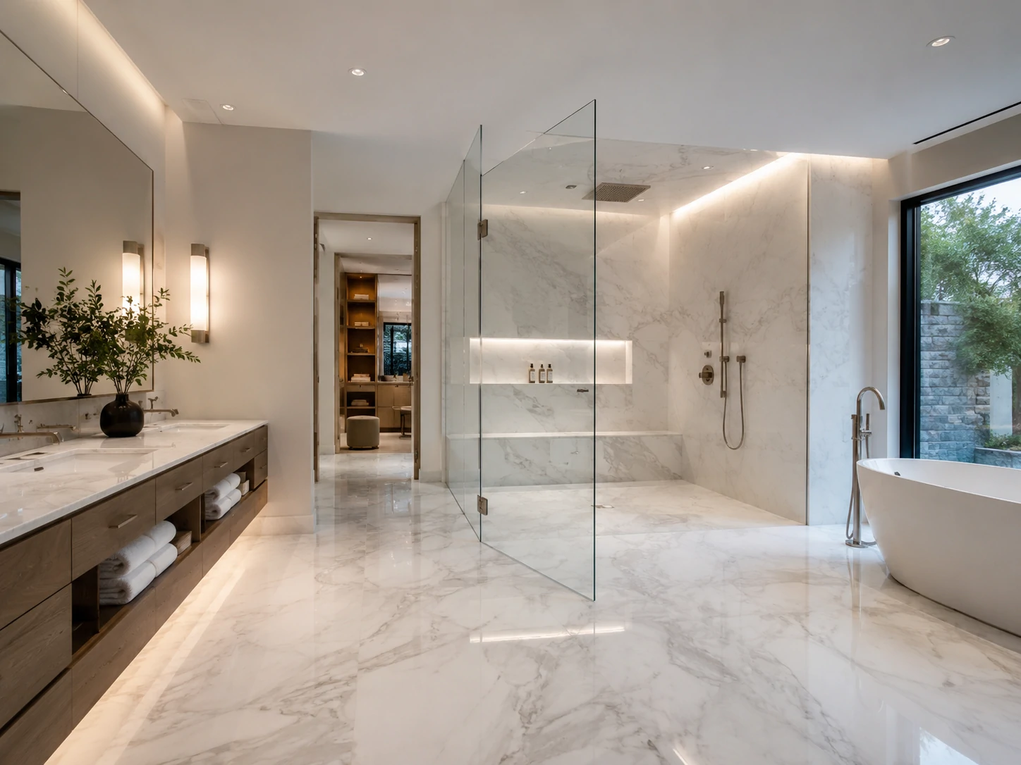 Spacious luxury bathroom with white marble tiling, glass shower enclosure, and freestanding bathtub.