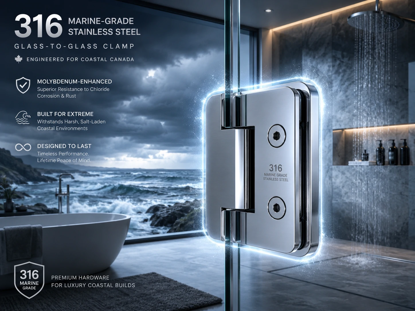 Marine grade 316 stainless steel glass to glass shower clamp