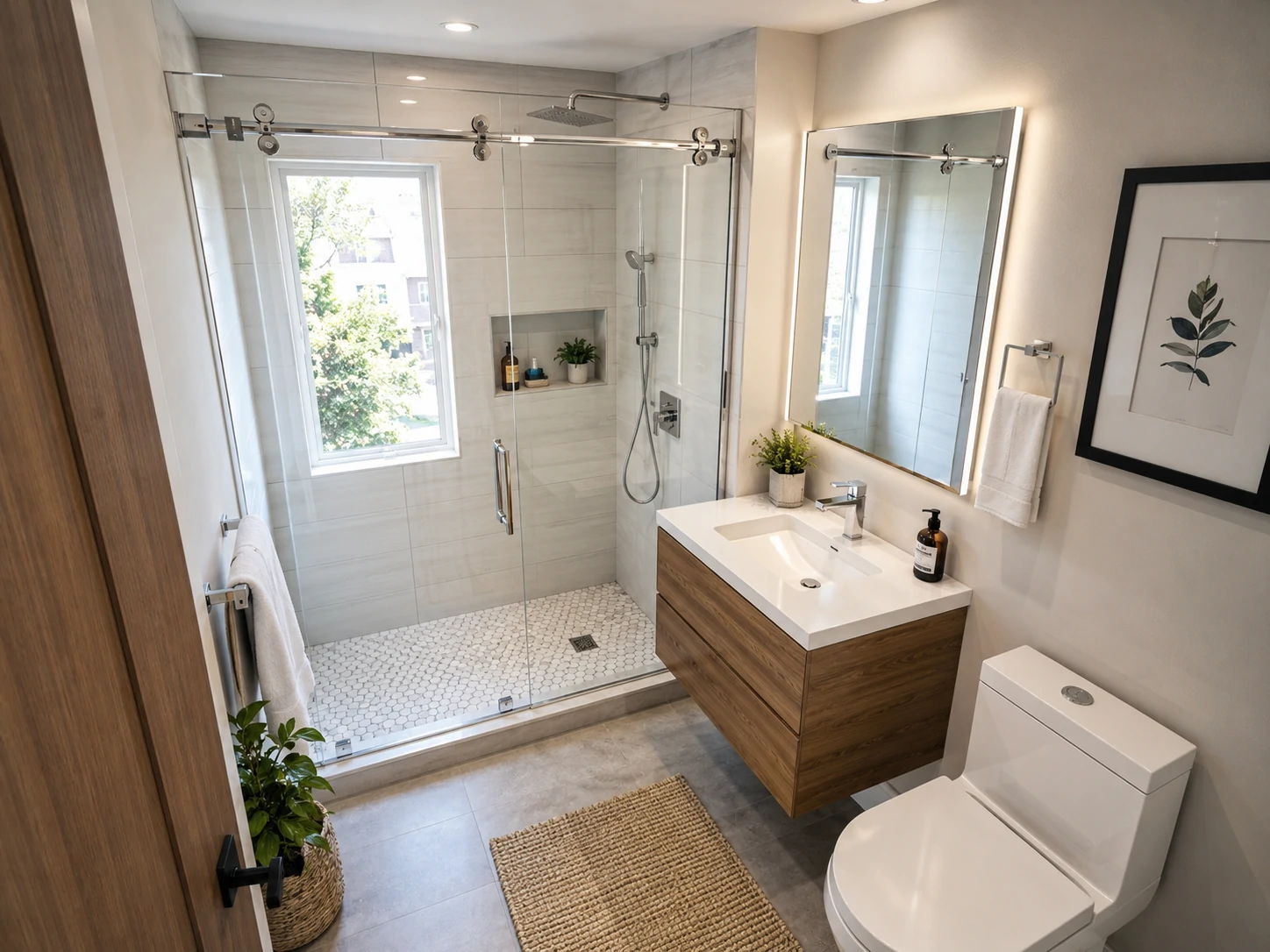 Modern bathroom interior featuring a large frameless sliding glass shower enclosure