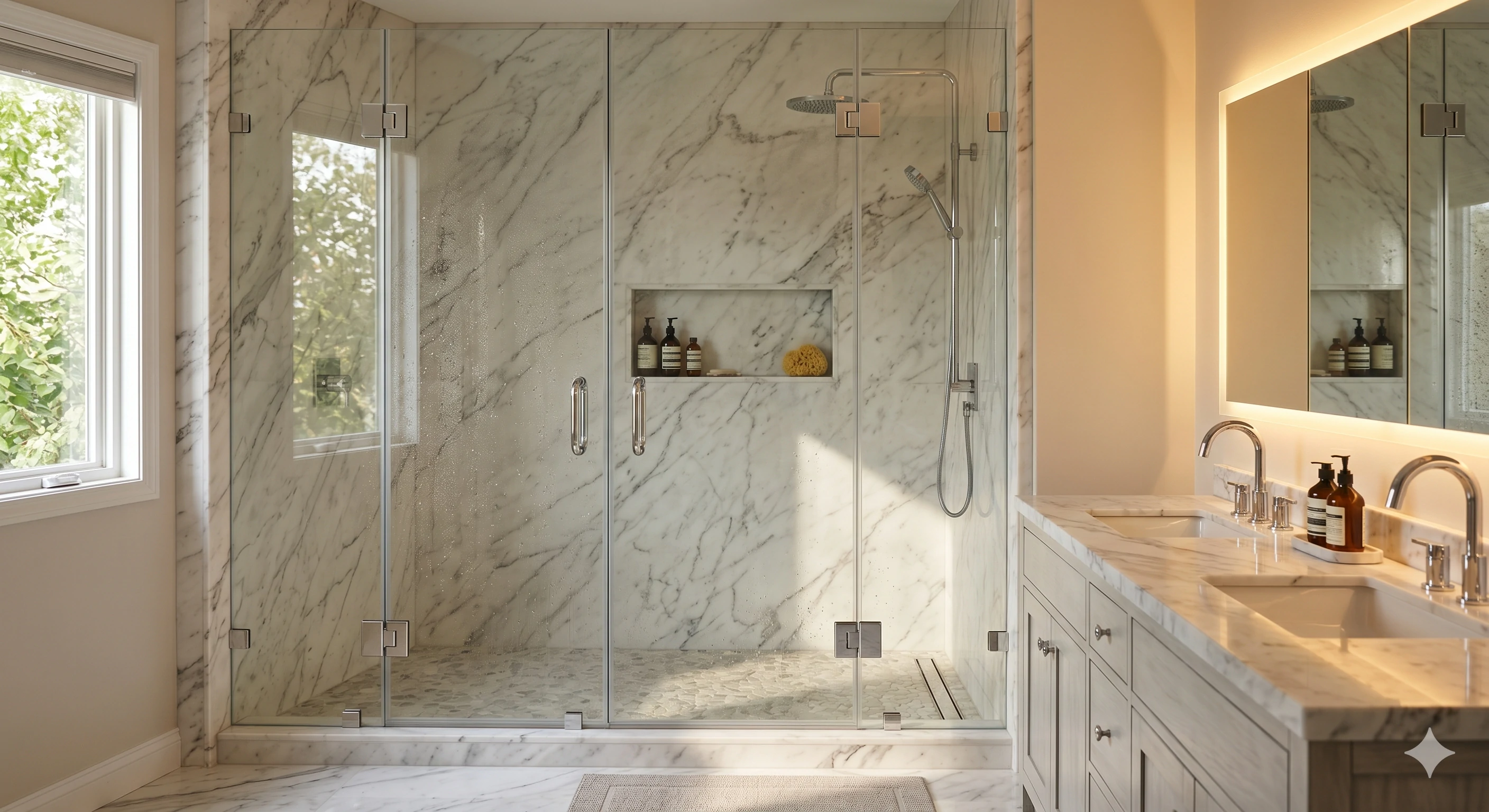 Modern marble bathroom with frameless glass shower enclosure