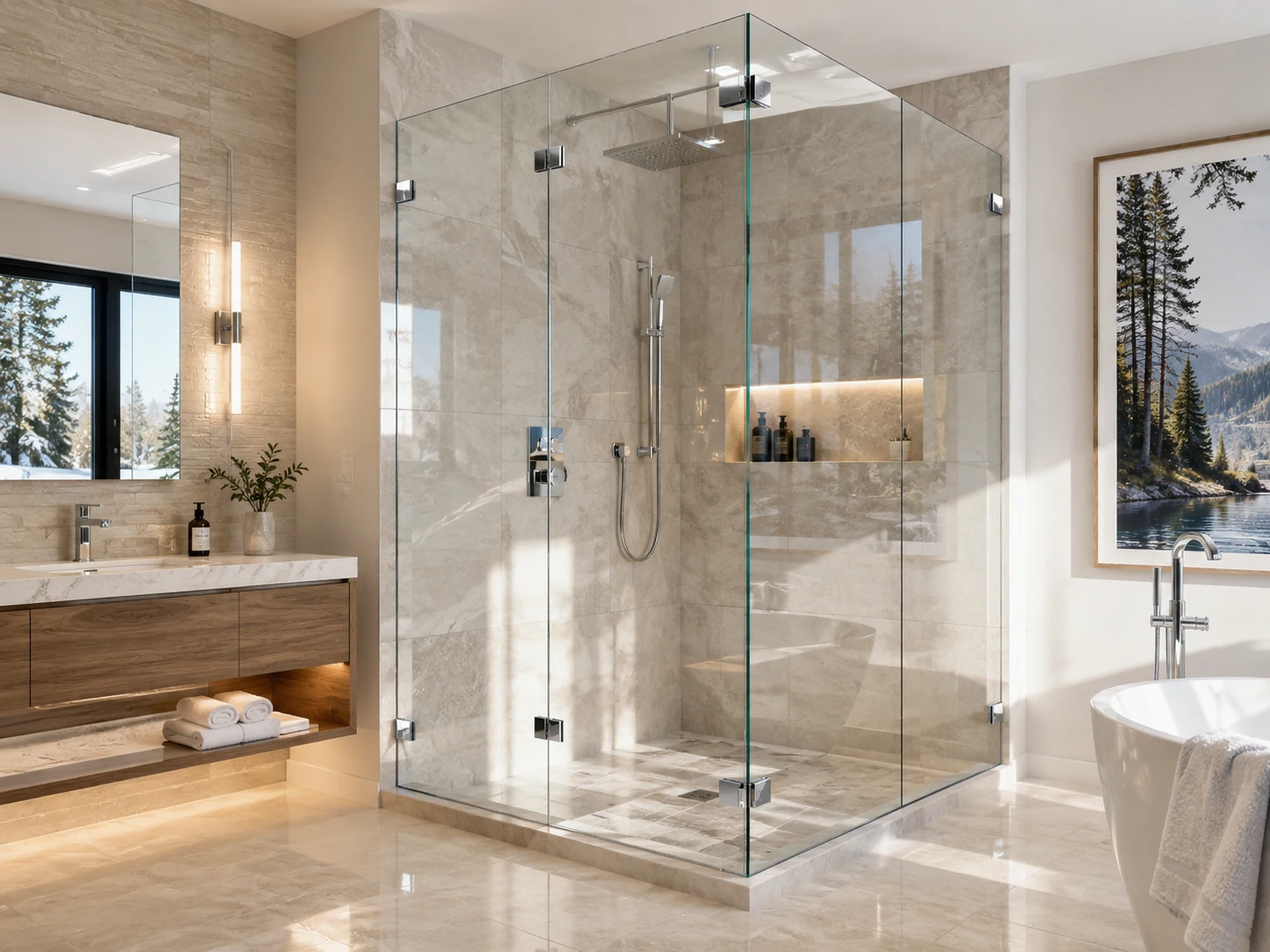 Modern frameless glass shower enclosure in a luxury bathroom setting
