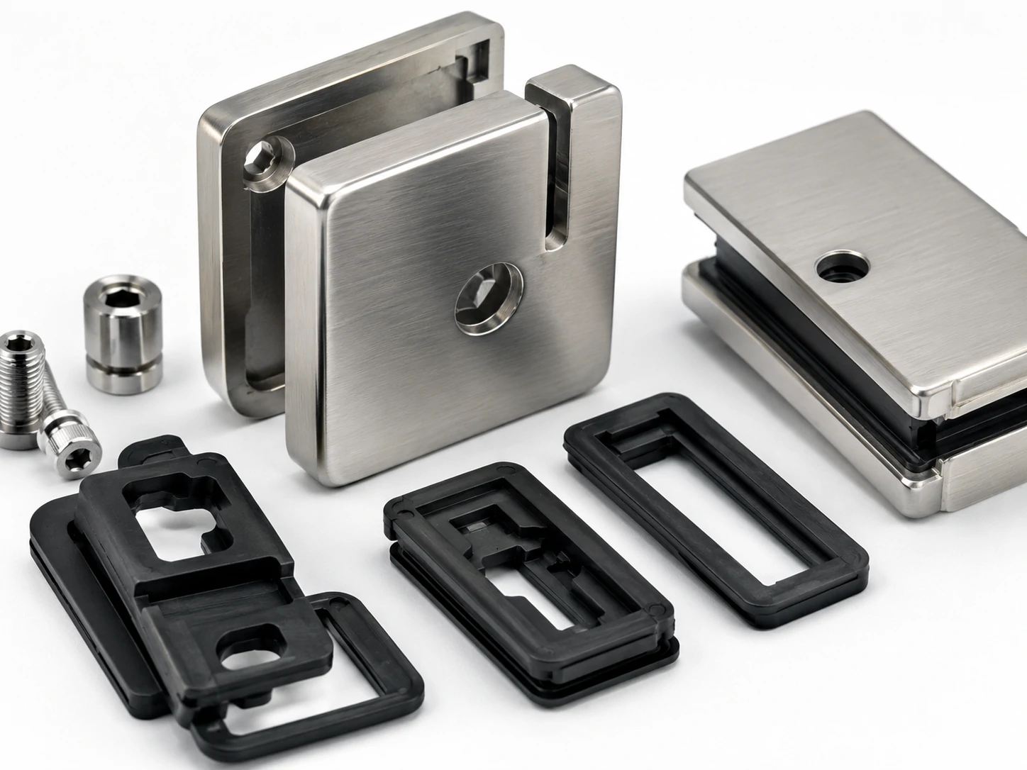 Disassembled stainless steel glass clamp hardware with screws and gaskets
