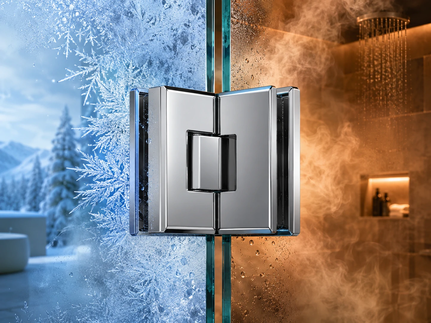 Chrome shower door hinge with extreme cold and hot contrast
