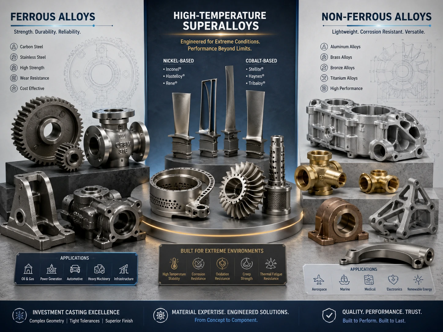 Ferrous, non-ferrous, and high-temperature superalloy investment casting components comparison