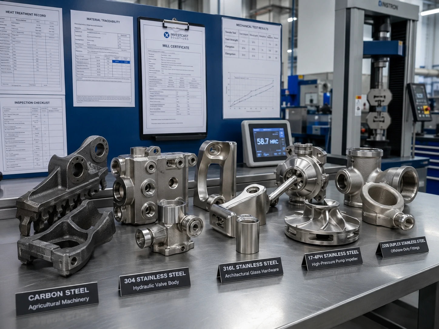 Investment cast steel components with material traceability and mechanical testing documentation