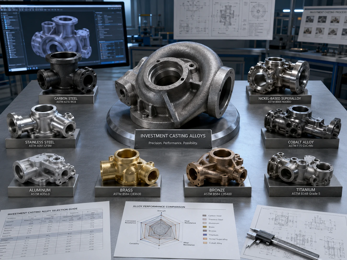 Investment casting alloy components display with steel, aluminum, brass, bronze, titanium, and superalloys