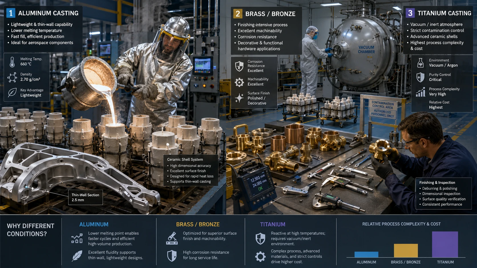 Aluminum, brass, bronze, and titanium investment casting process comparison