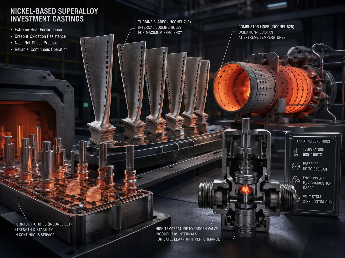 Nickel-based superalloy investment castings for turbine, furnace, combustor, and hydrogen valve applications