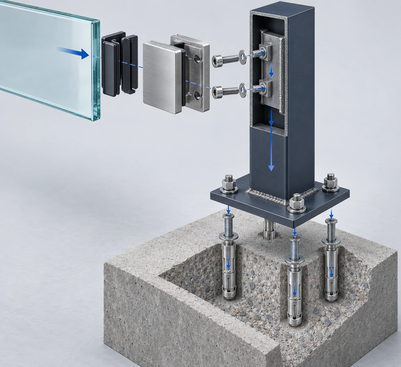 Exploded glass clamp assembly showing protective inserts, fasteners, reinforced post, and concrete anchors