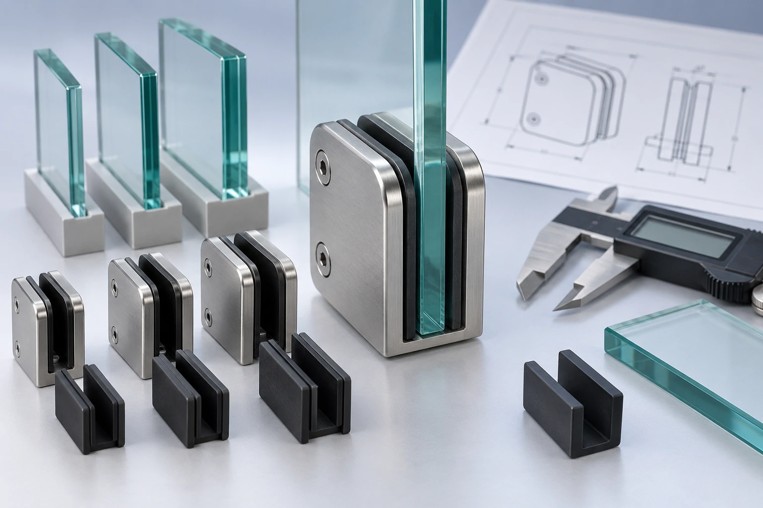 Stainless glass clamps in multiple sizes beside glass samples, gaskets, caliper, and drawings